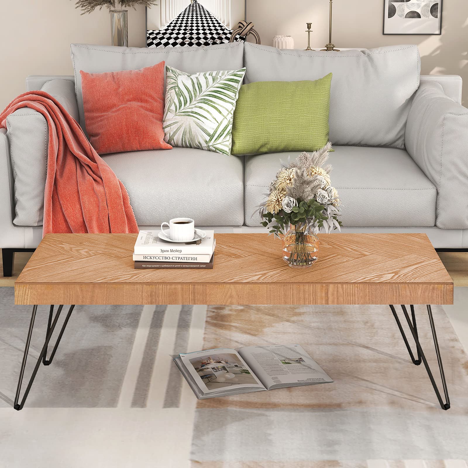 Modern Coffee Table for Living Room - Chevron Pattern, Metal Hairpin Legs, Thick Old Elm Wood Finish - Rustic Rough Wood Grain Surface, Easy Assembly - Perfect for Lounge, Living Room, and Home Decor