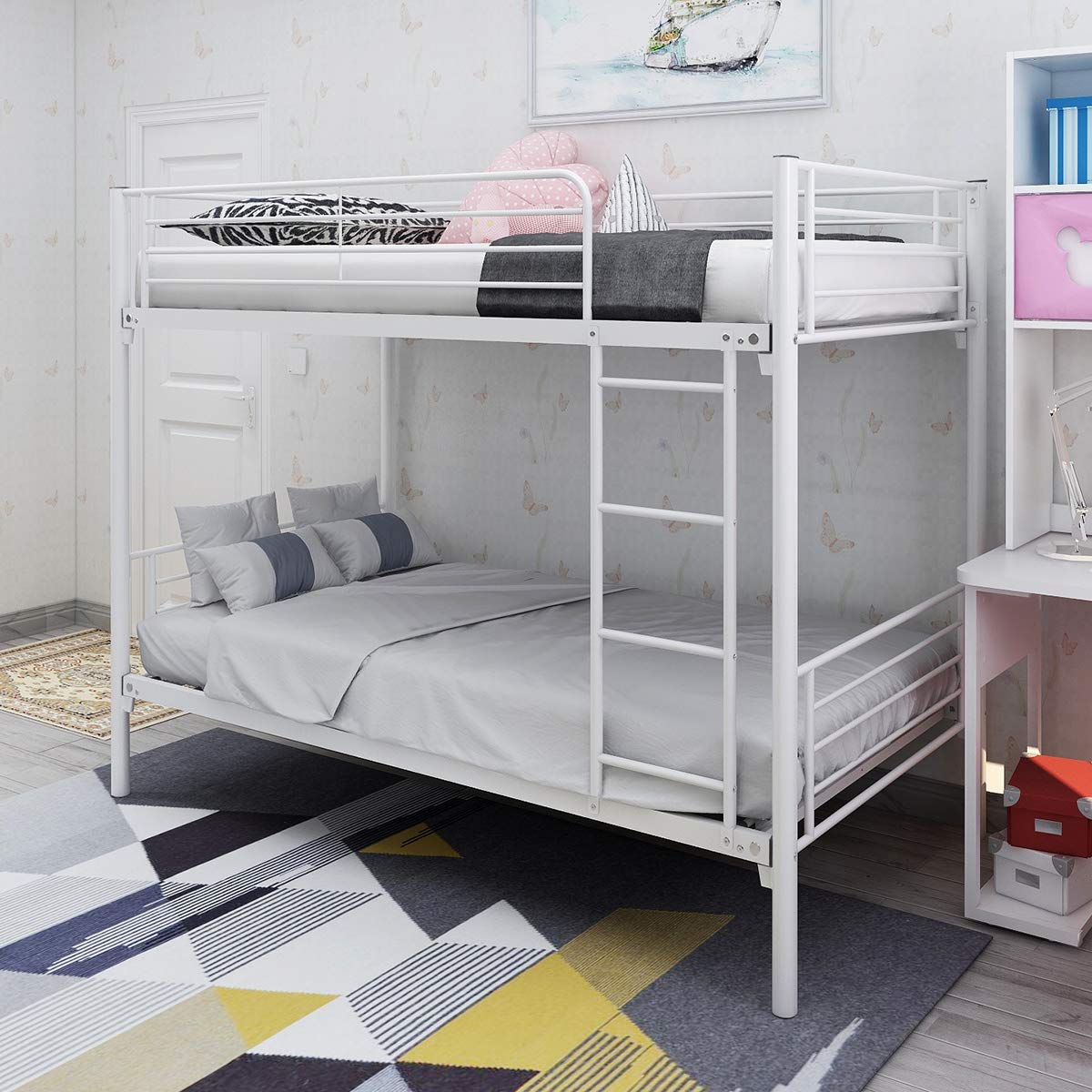 JURMERRY Twin Over Twin Bunk Bed Frame with Ladder - Heavy Duty Metal Bunk Bed for Kids & Teens - Sturdy White Space-Saving Bed for Small Rooms, Dorms & Guest Rooms