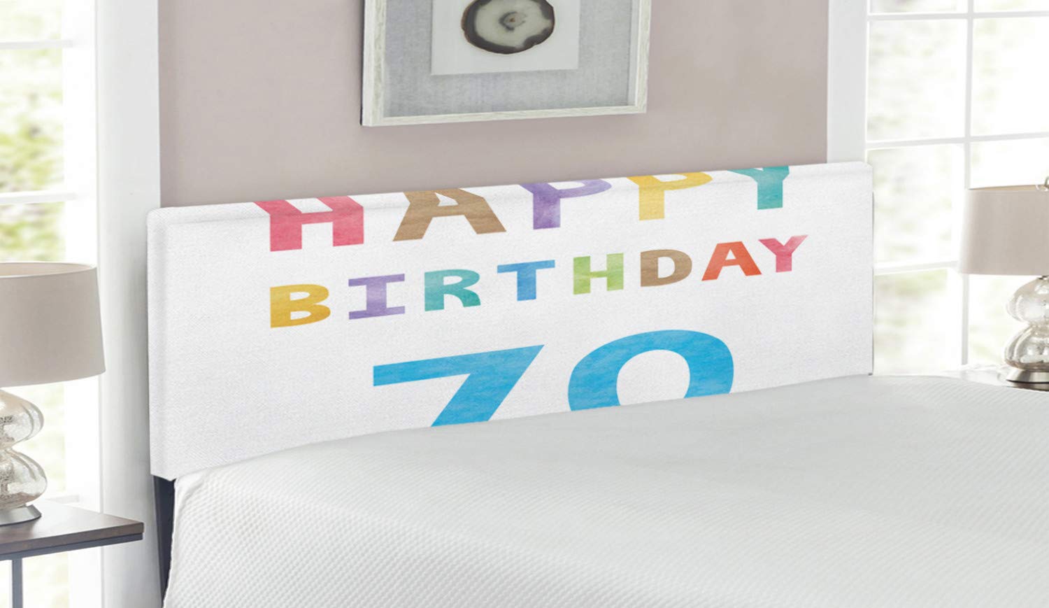 Ambesonne Vintage 70th Birthday Headboard - Queen Size Upholstered Decorative Metal Bed Frame with Memory Foam, Abstract Age 70 Happy Birthday Party Words Art Print in Multicolor - Perfect for Birthday Party Decorations, Bedroom Makeovers & Vintage Themed Rooms
