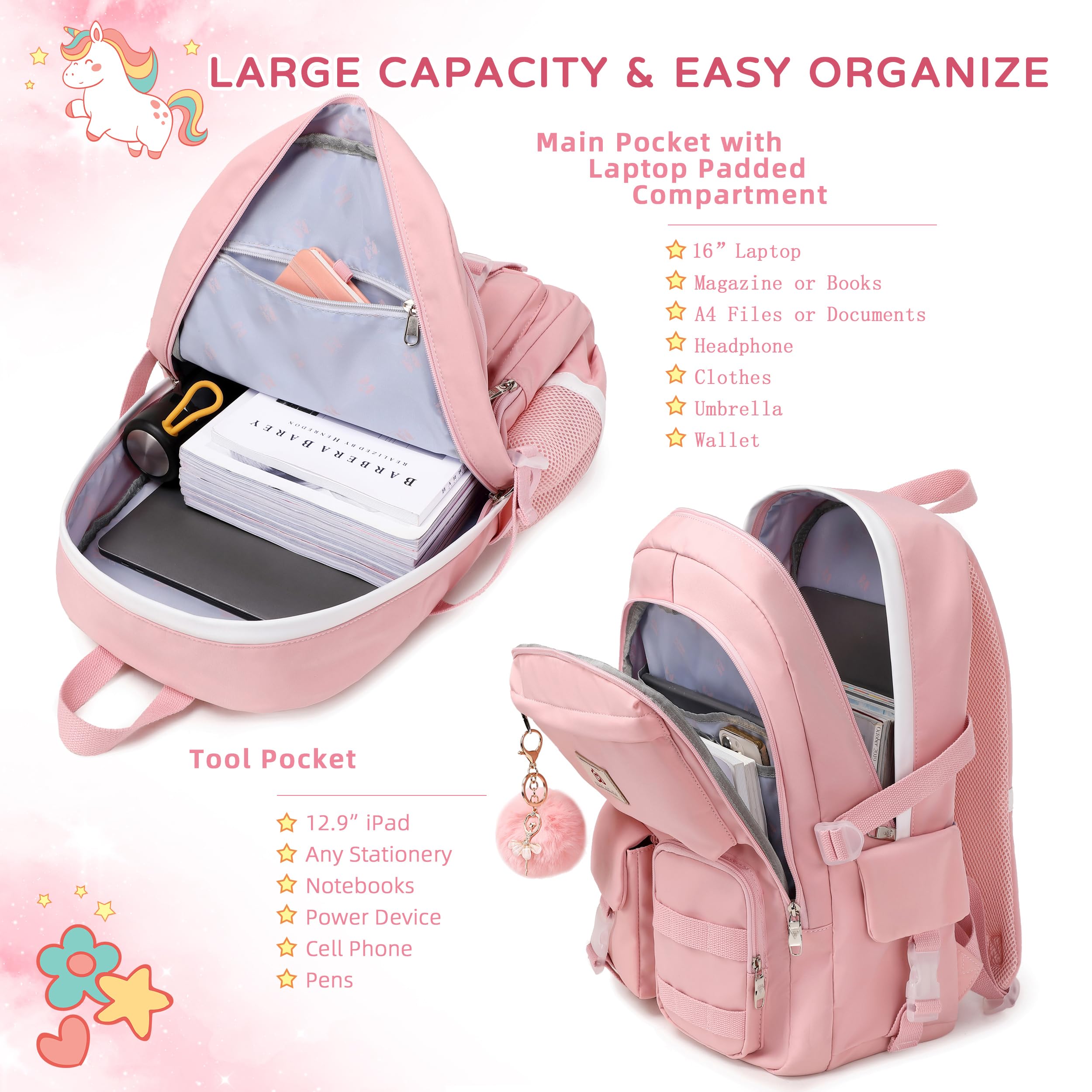 Stylish Pink Anti-Theft Laptop Backpack for Women & Girls - 15.6 Inch College Bookbag with USB Charging Port, School Backpack for Teens, Elementary Students - Perfect for School, Travel & Daily Commute