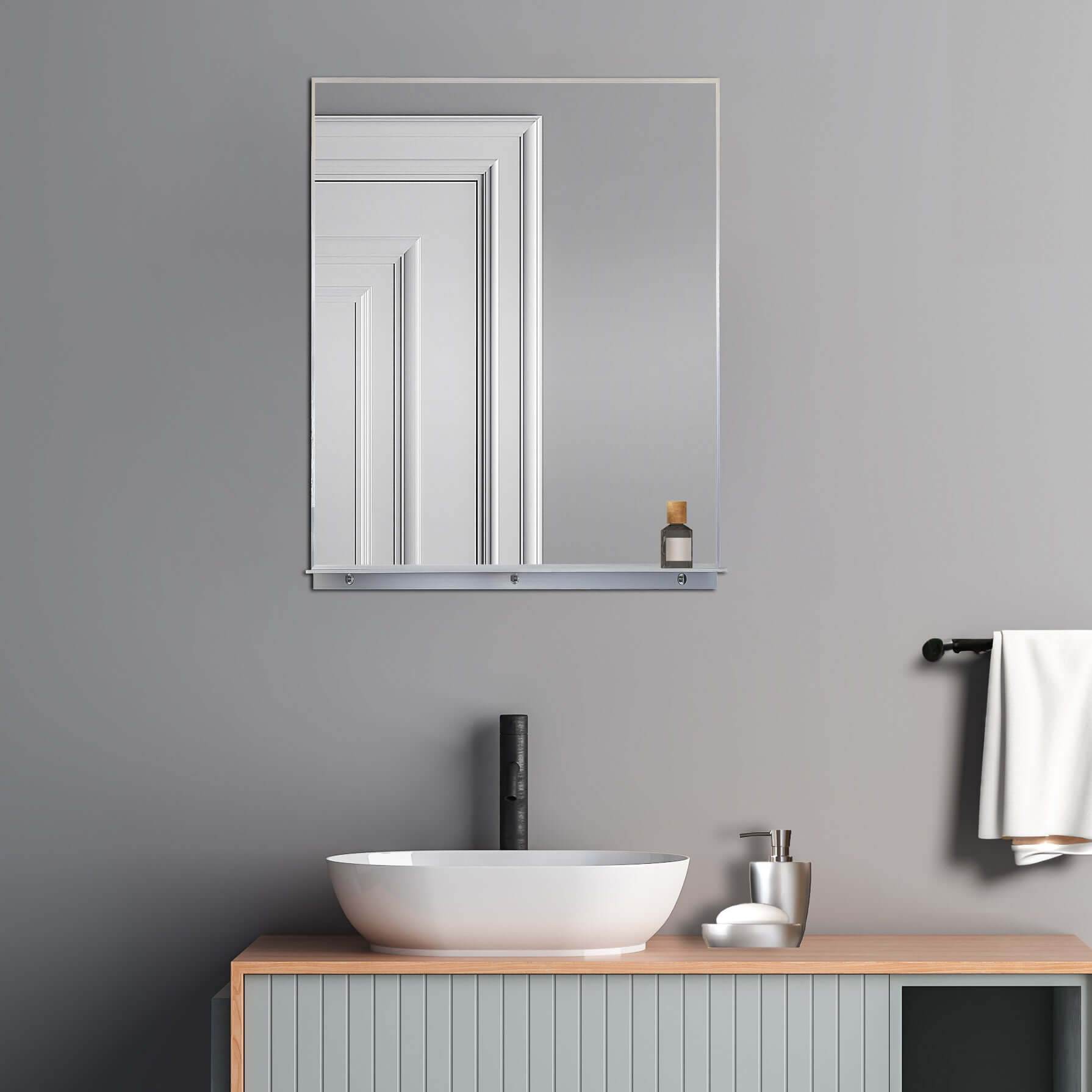 Brushed Nickel Rectangular Wall Mirror with Built-in Shelf - 24W x 32H Framed Bathroom Mirror for Vanity, Bedroom, or Entryway Decor