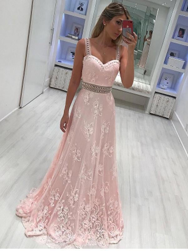 Elegant Light Pink Lace Rhinestone Long Prom Dress with Straps | Formal Evening Gown for Homecoming, Wedding, Ball & Special Occasions