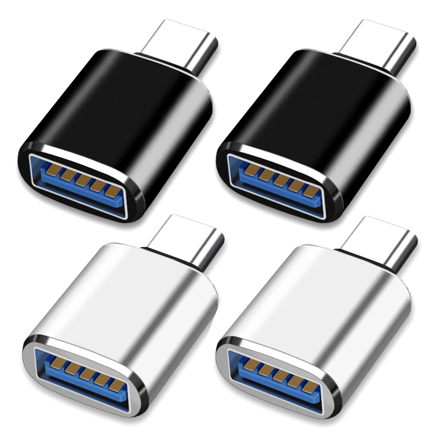 4-Pack USB C to USB Adapter, USB Type C to USB 3.0 Converter for MacBook Pro 2021/Air 2020, Galaxy S9/S8, Dell XPS - Thunderbolt 4/3 Compatible (2 Black & 2 Silver) - Perfect for Data Transfer, Charging & Connecting Peripherals