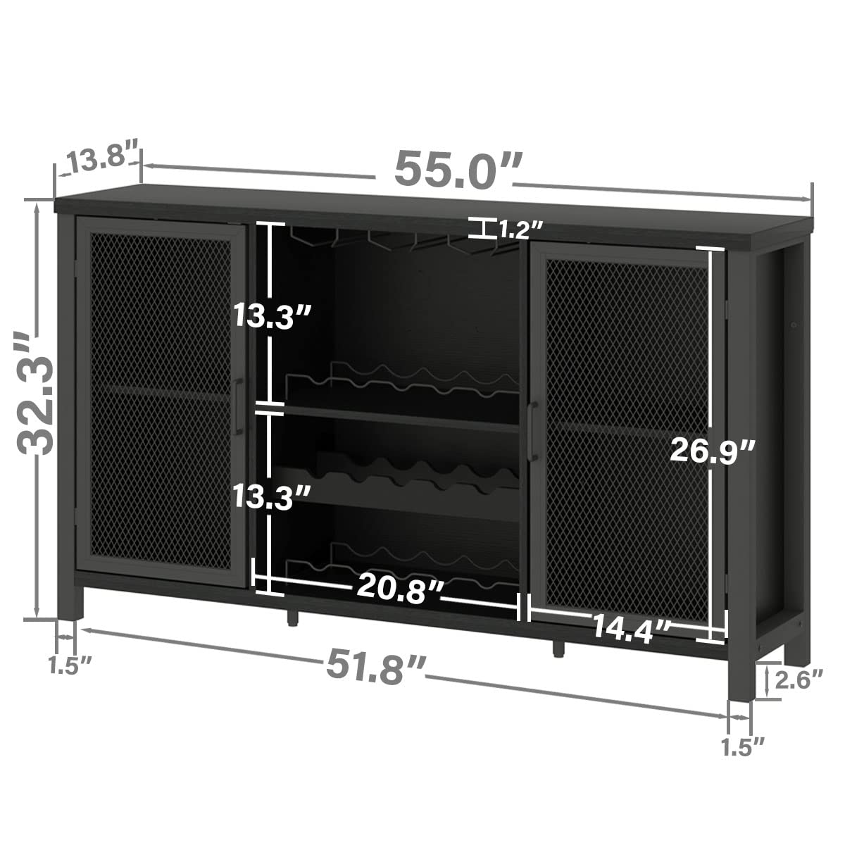 IBF 55 Inch Black Oak Industrial Coffee & Liquor Cabinet with Wine Rack Storage - Farmhouse Style Kitchen Buffet for Home, Living Room & Dining Room | Perfect for Entertaining Guests & Organizing Beverages