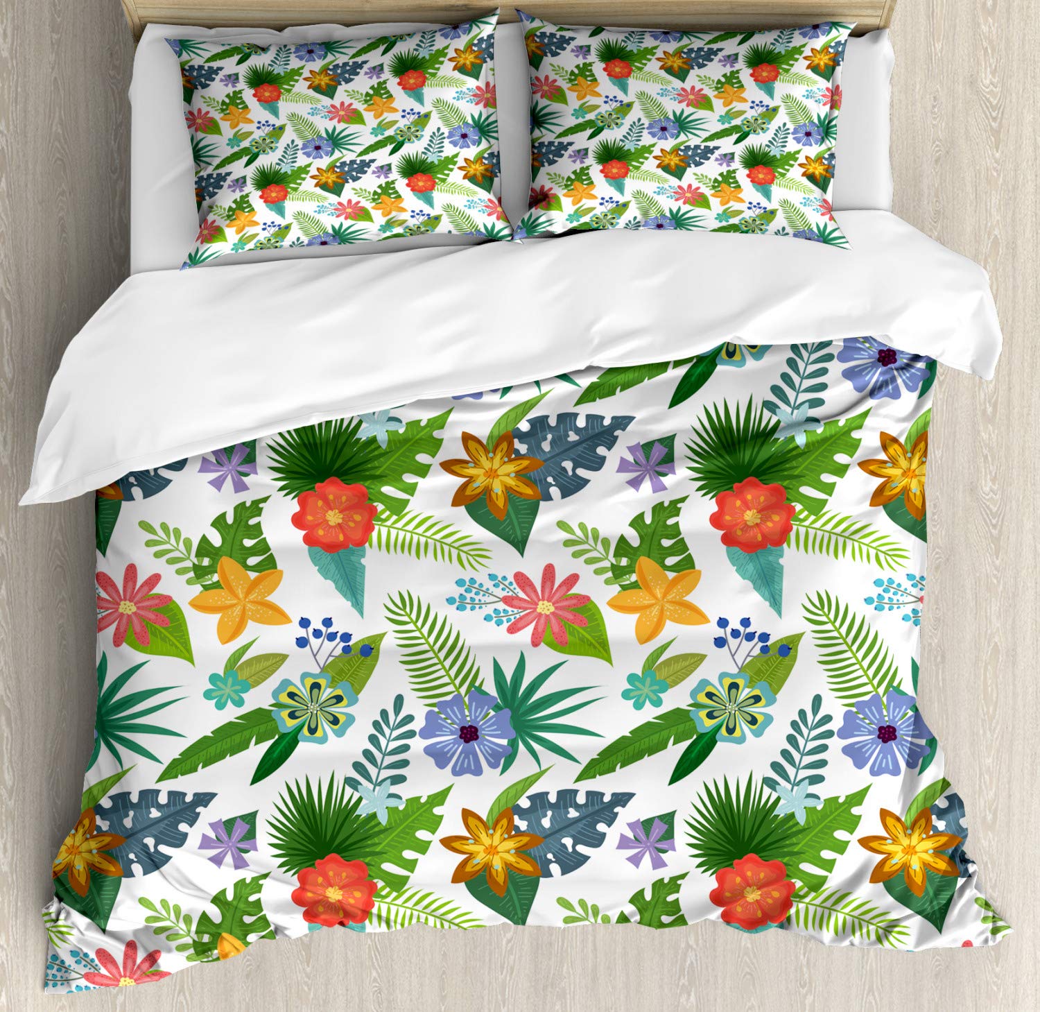Ambesonne Floral Duvet Cover Set King Size - Hawaiian Tropical Flowers & Leaves Pattern, 3 Piece Bedding Set with 2 Pillow Shams, Vibrant Multicolor Design for Bedroom Decor | Perfect for Beach House, Summer Theme, or Boho Chic Bedroom