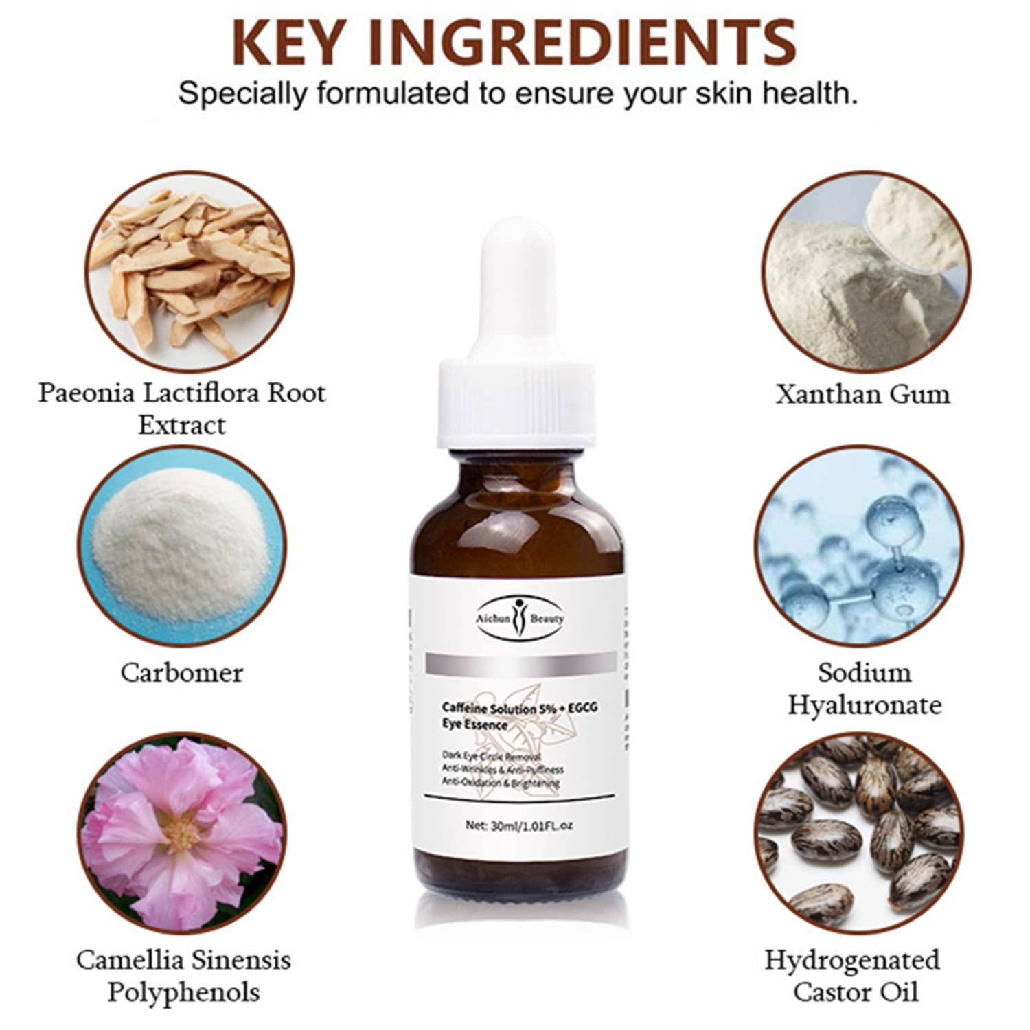 AICHUN BEAUTY 5% Caffeine + EGCG Eye Serum - Anti-Wrinkle, Anti-Acne, Oil Control, Brightening & Pore Minimizing Treatment (30ml/1.01FL.oz) - Dark Circle Relief & Morning Eye Refresh for Tired Skin
