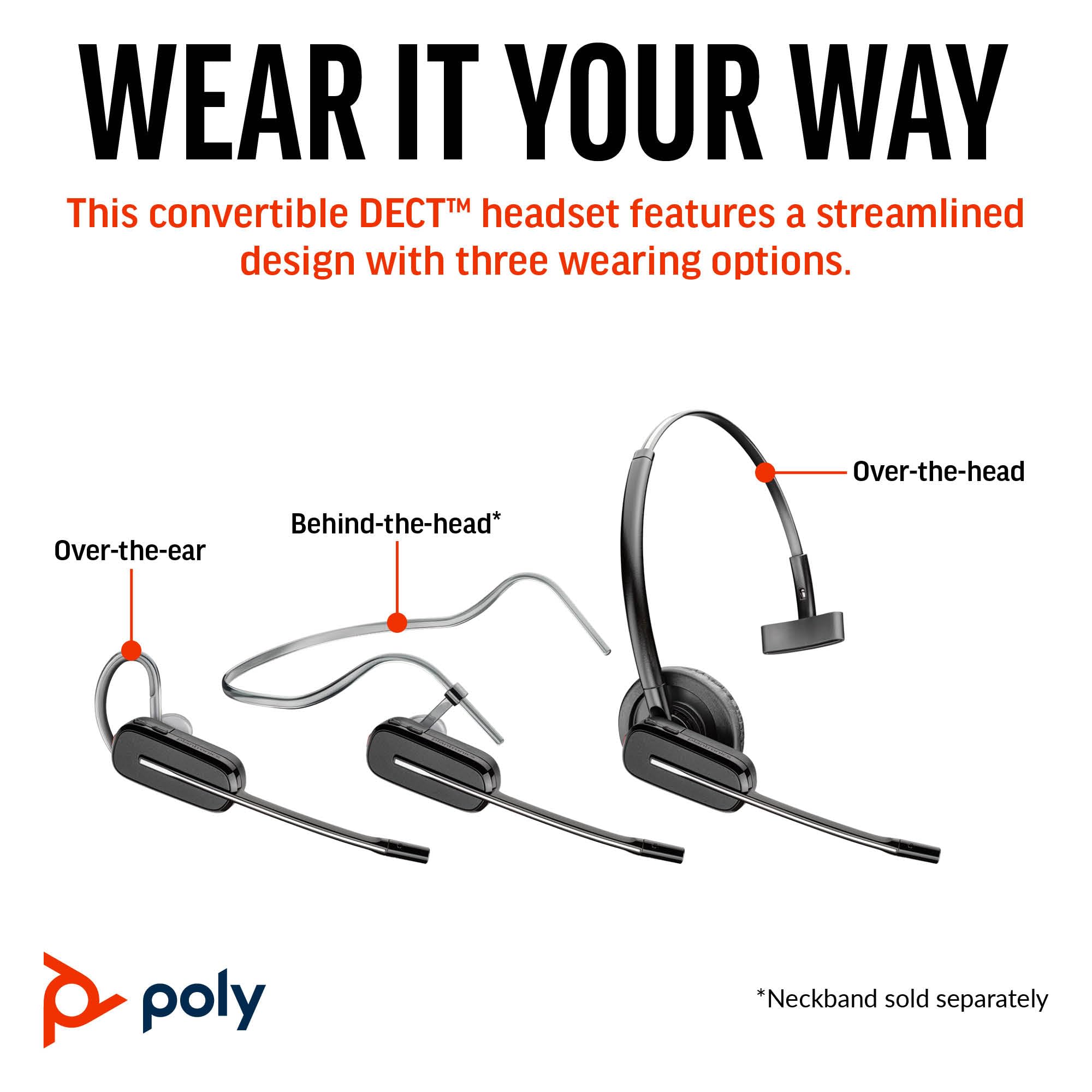 Plantronics Poly CS540 Wireless DECT Headset - Single Ear Mono Headset with 3 Wearing Styles - Noise Canceling Microphone for Clear Calls - Compatible with Desk Phones - Perfect for Office, Call Center & Remote Work (Amazon Exclusive)