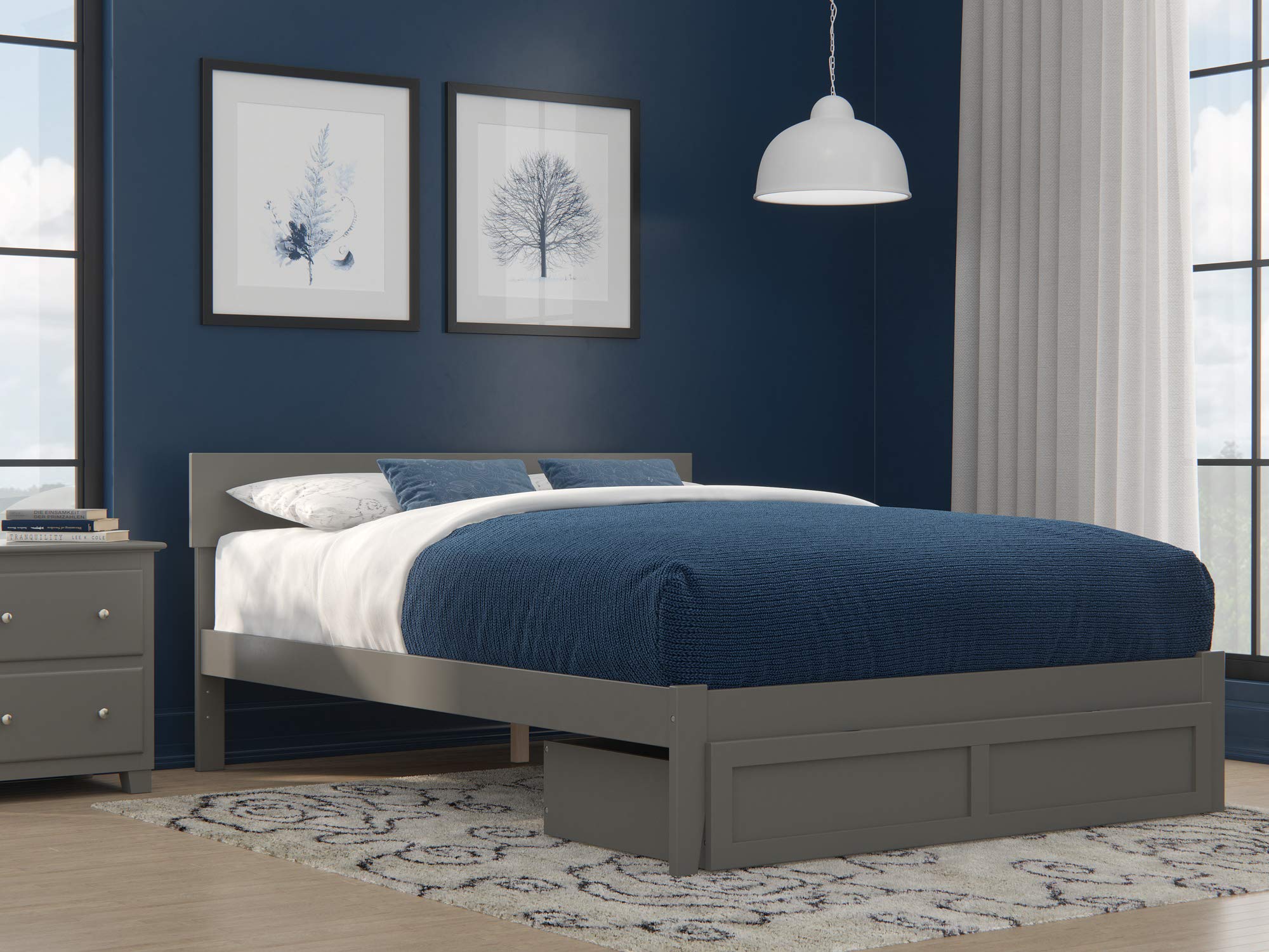 AFI Boston Queen Size Platform Bed with Storage Drawer - Grey Modern Bed Frame for Small Spaces | Perfect for Apartments, Dorms & Guest Rooms