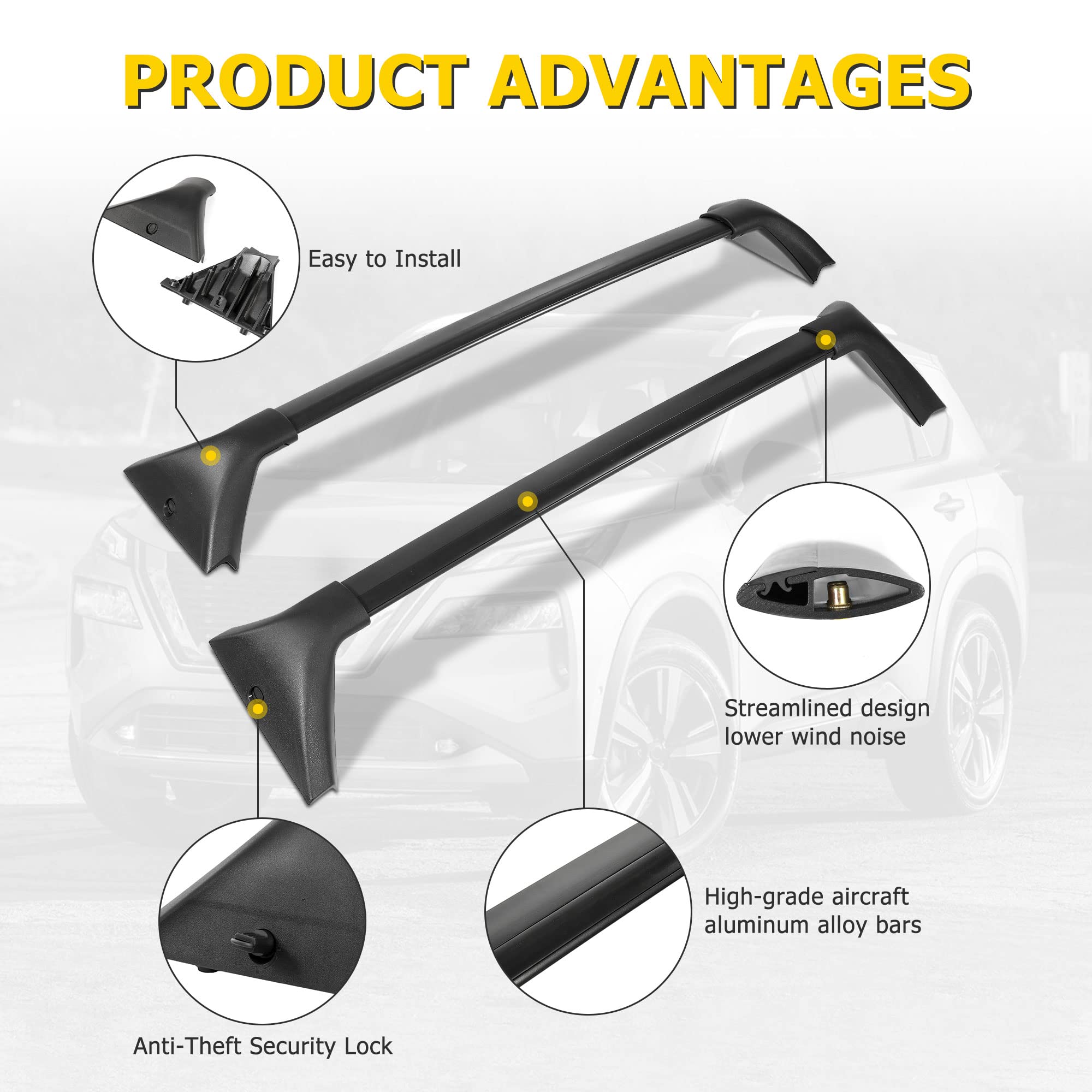 AUXMART Roof Rack Cross Bars for Nissan Rogue 2021-2025 | Heavy Duty 150LBS Capacity | Universal Fit for One-Piece Roof Side Rails | Perfect for Kayak, Canoe, Bicycle & Cargo Carrier | Road Trips & Outdoor Adventures