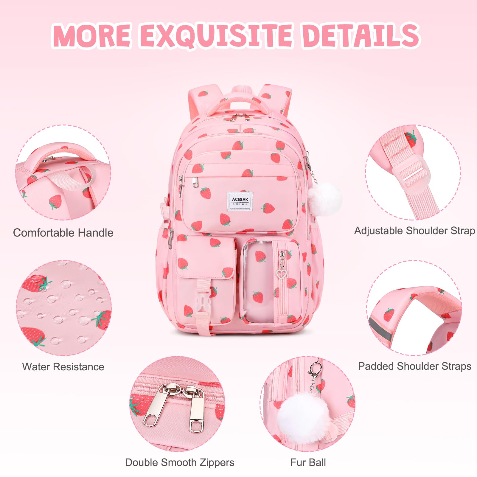Stylish Pink Strawberry Backpack for Girls - School Bookbag with Lunch Bag & Pencil Pouch, Durable Laptop Backpack for Teen Girls, Women & Kids - Perfect for Elementary, Middle, High School & Travel Daypack