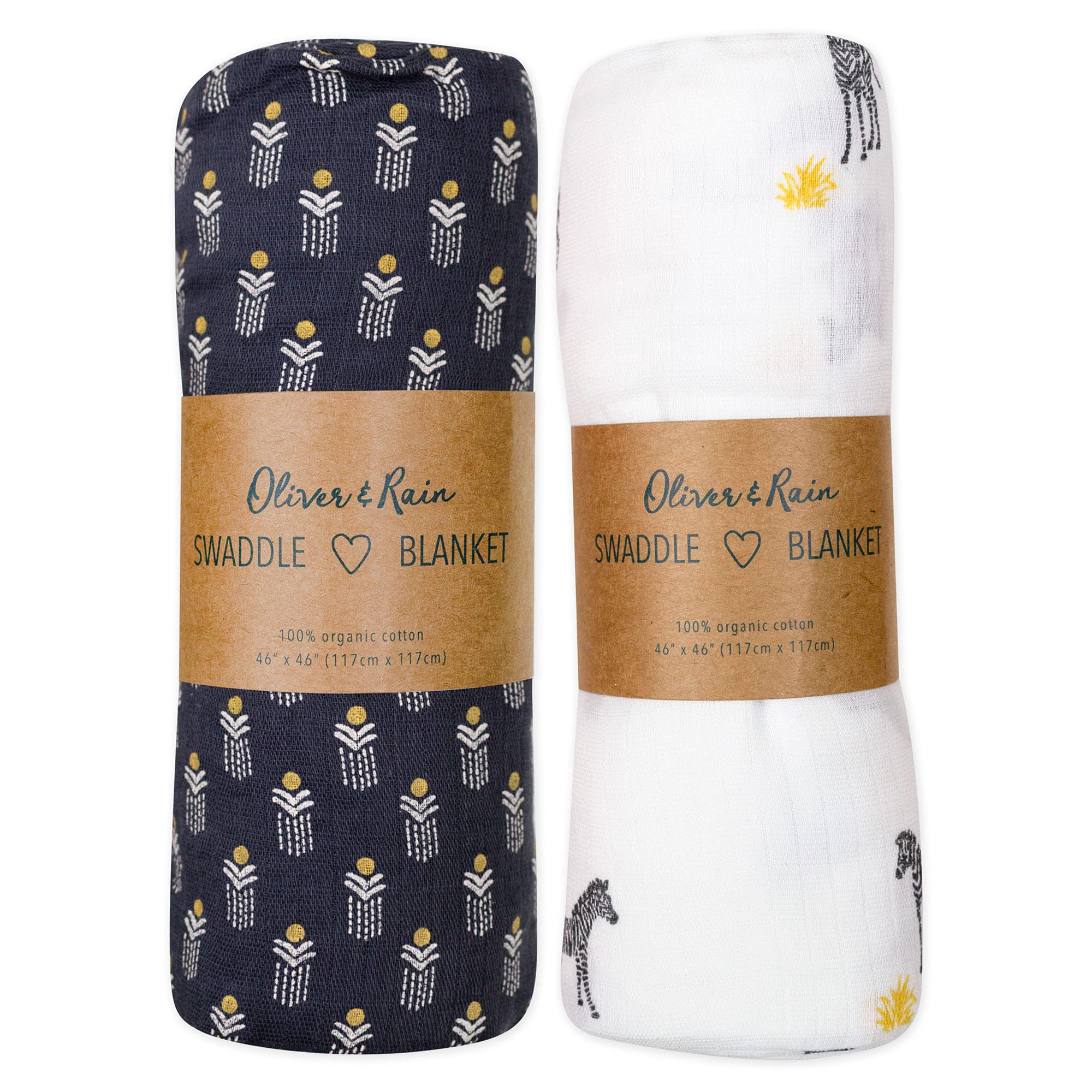 Oliver & Rain Organic Muslin Baby Swaddle Blankets 2 Pack - Soft Unisex Receiving Blankets for Boys & Girls, Zebra Print - Perfect for Newborns, Swaddling, Nursing & Stroller Cover