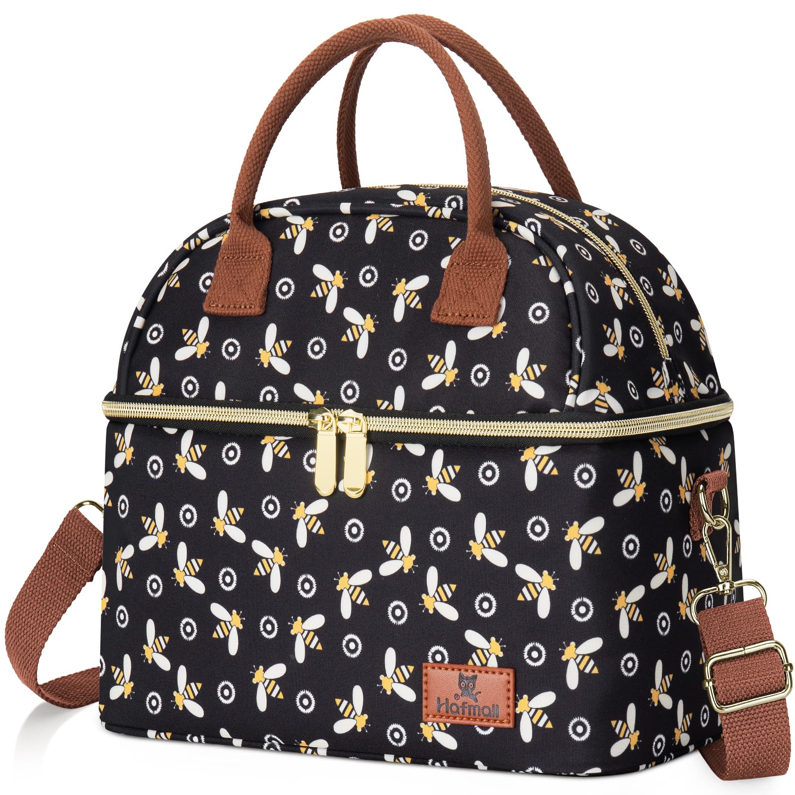 Hafmall Double Decker Insulated Lunch Bag for Women - Large Reusable Lunch Tote with Shoulder Strap, Cute Work Lunch Box for Office, School & Picnic - Bee Design | Perfect for Meal Prep, Commuting & Outdoor Activities