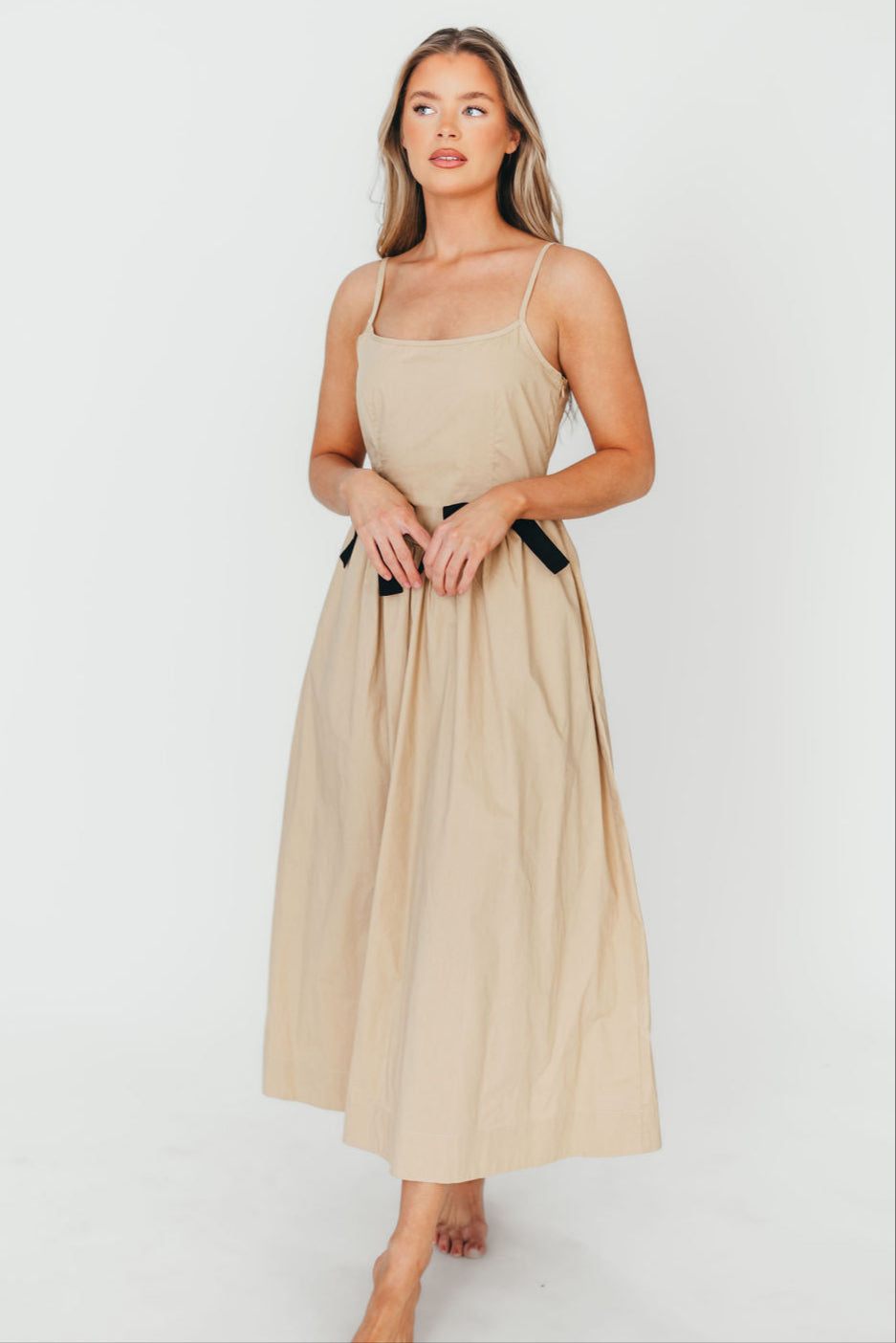 Celeste Square Neck Midi Dress with Bow Detail in Khaki - Elegant Women's Summer Dress for Weddings, Parties & Date Nights