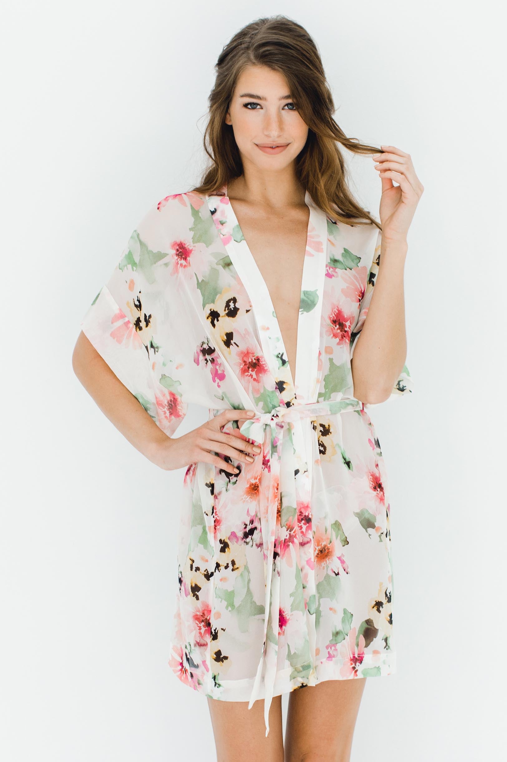 Watercolor Dreams Floral Print Silk Chiffon Kimono Robe - Lightweight Summer Cover Up for Women, Beach Wedding Bridesmaid Gift, Boho Loungewear