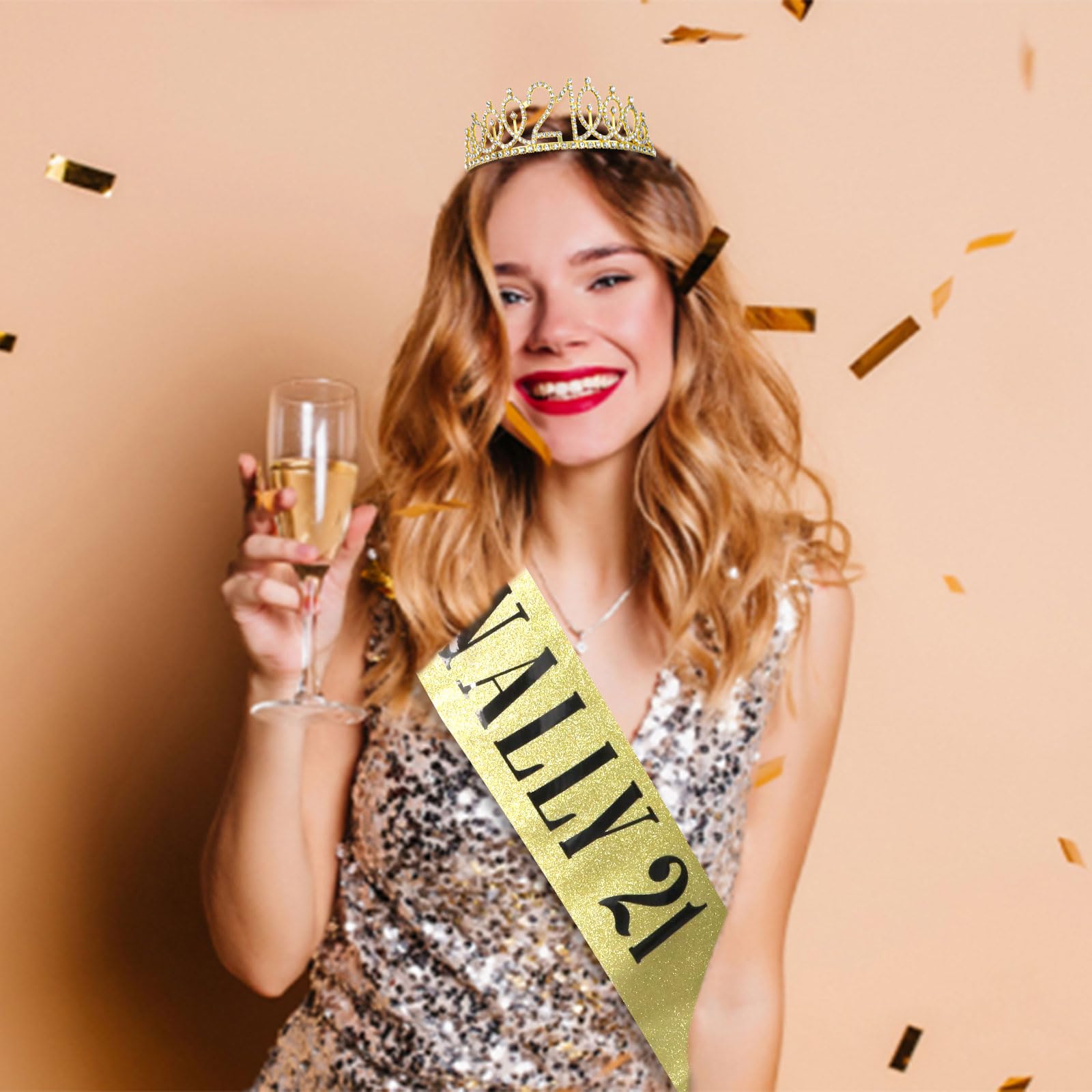 21st Birthday Crown and Sash Set for Women - Gold Rhinestone Tiara & Satin Sash - 21st Birthday Party Decorations & Gifts for Girls - Perfect for Birthday Photos, Celebrations & Milestone Parties