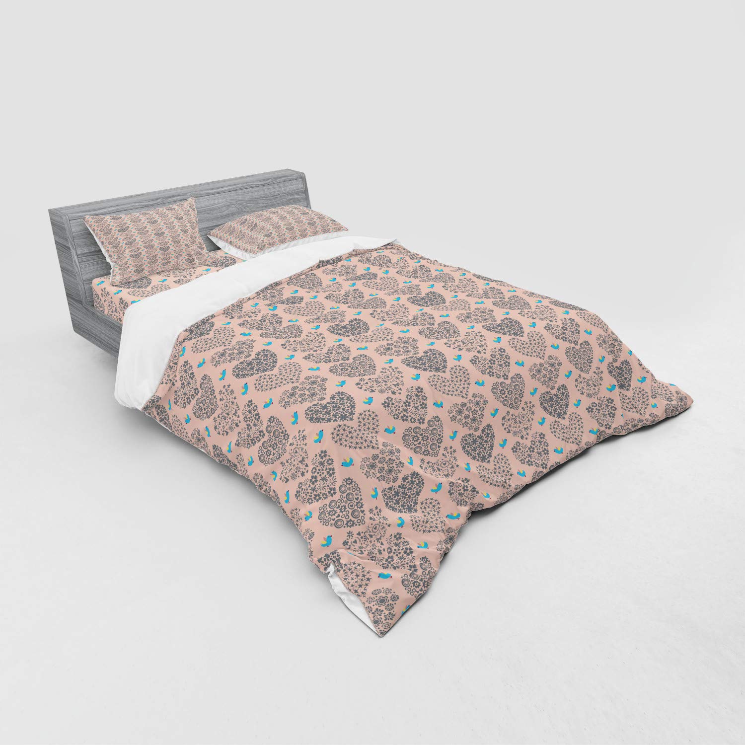Ambesonne Spring Duvet Cover Set - Birds & Floral Hearts Design, 4-Piece Queen Size Bedding Set with Shams & Fitted Sheet in Pale Salmon & Sky Blue - Perfect for Spring Refresh, Guest Room Makeover & Cozy Bedroom Decor