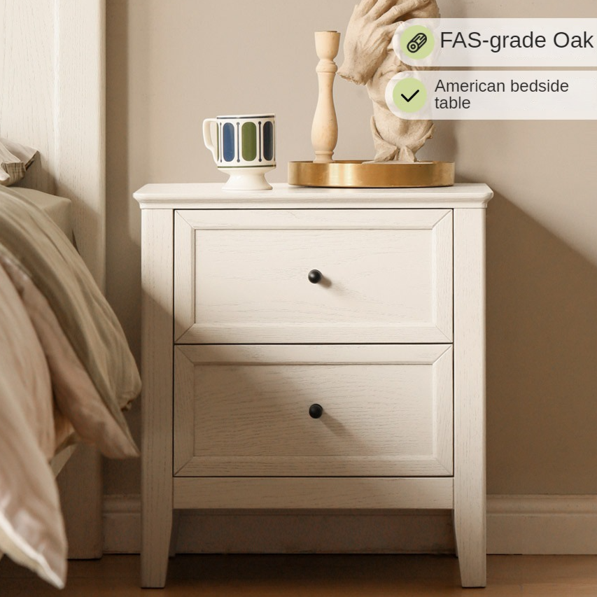 Solid Oak Wood Nightstand - Cream Finish, American Style Bedside Table for Bedroom Decor & Storage