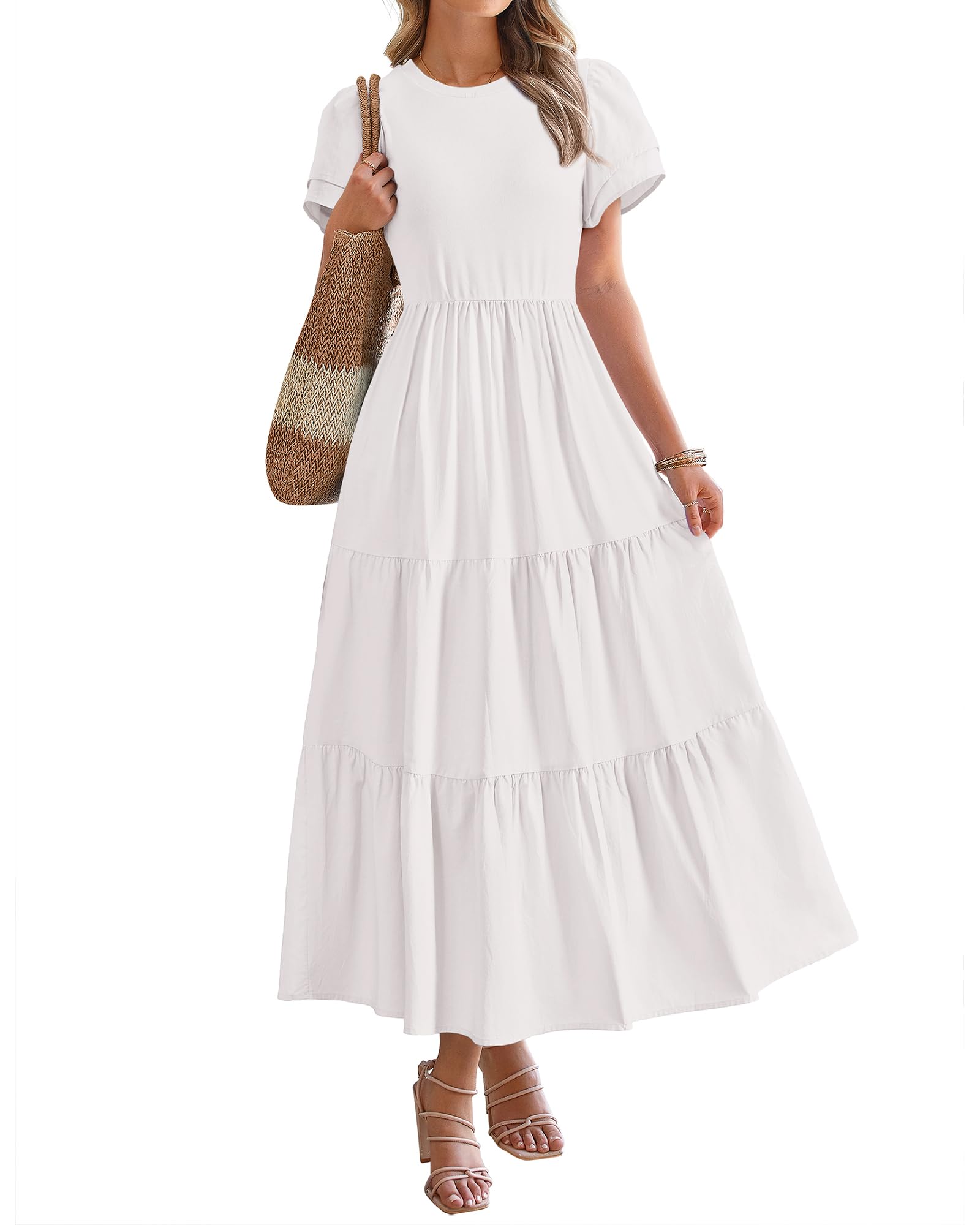 BTFBM Women's Casual Summer Dresses 2025 - Spring Crewneck Short Sleeve Tiered Flowy Boho Maxi Dress with Pockets for Beach Vacation, Travel, and Outdoor Activities
