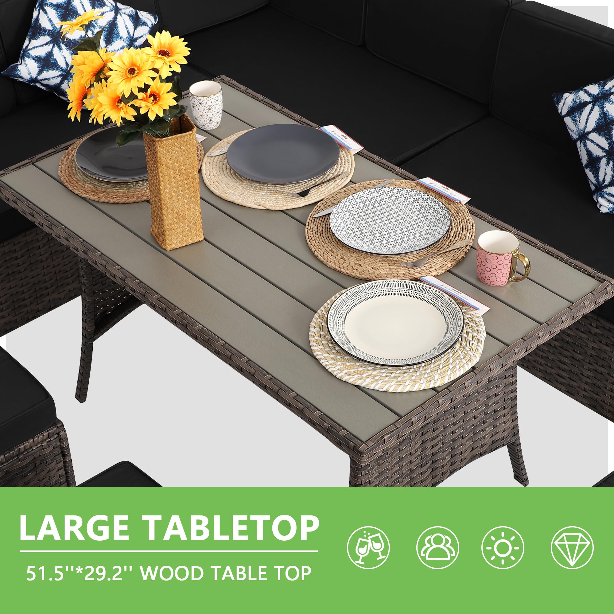 7-Piece All-Weather Brown Rattan Patio Furniture Set with Black Cushions - Outdoor Wicker Dining Table, Loveseat & Ottoman - Perfect for Backyard, Garden or Poolside Relaxation & Entertaining