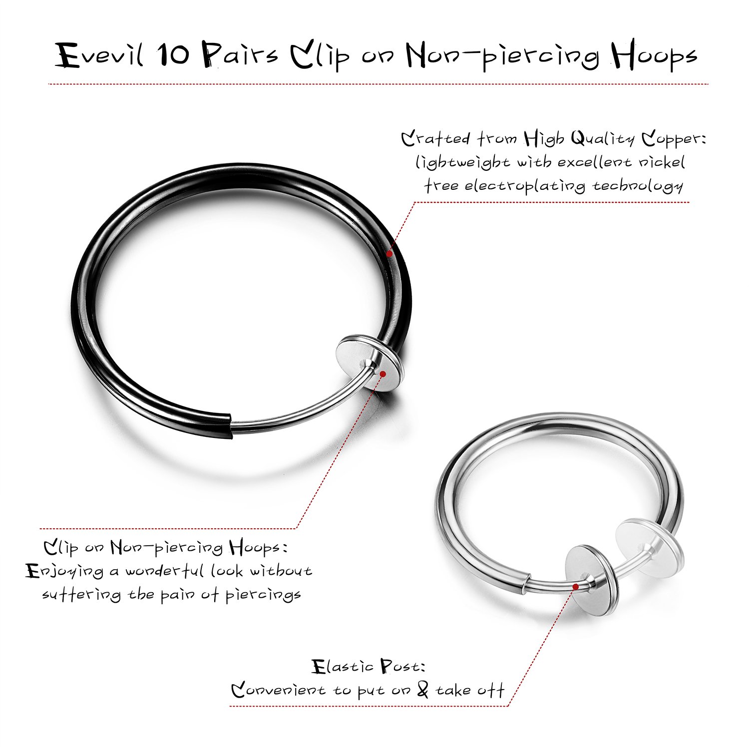 Non-Piercing Fake Nose Ring & Hoop Earrings Set - 10 Pairs Clip-On Septum Rings & Spring Endless Hoops for Women & Men (13mm-25mm, Black/Silver/Gold/Rose Gold) - Perfect for Costume Parties, Halloween, Cosplay & Everyday Fashion Accessories