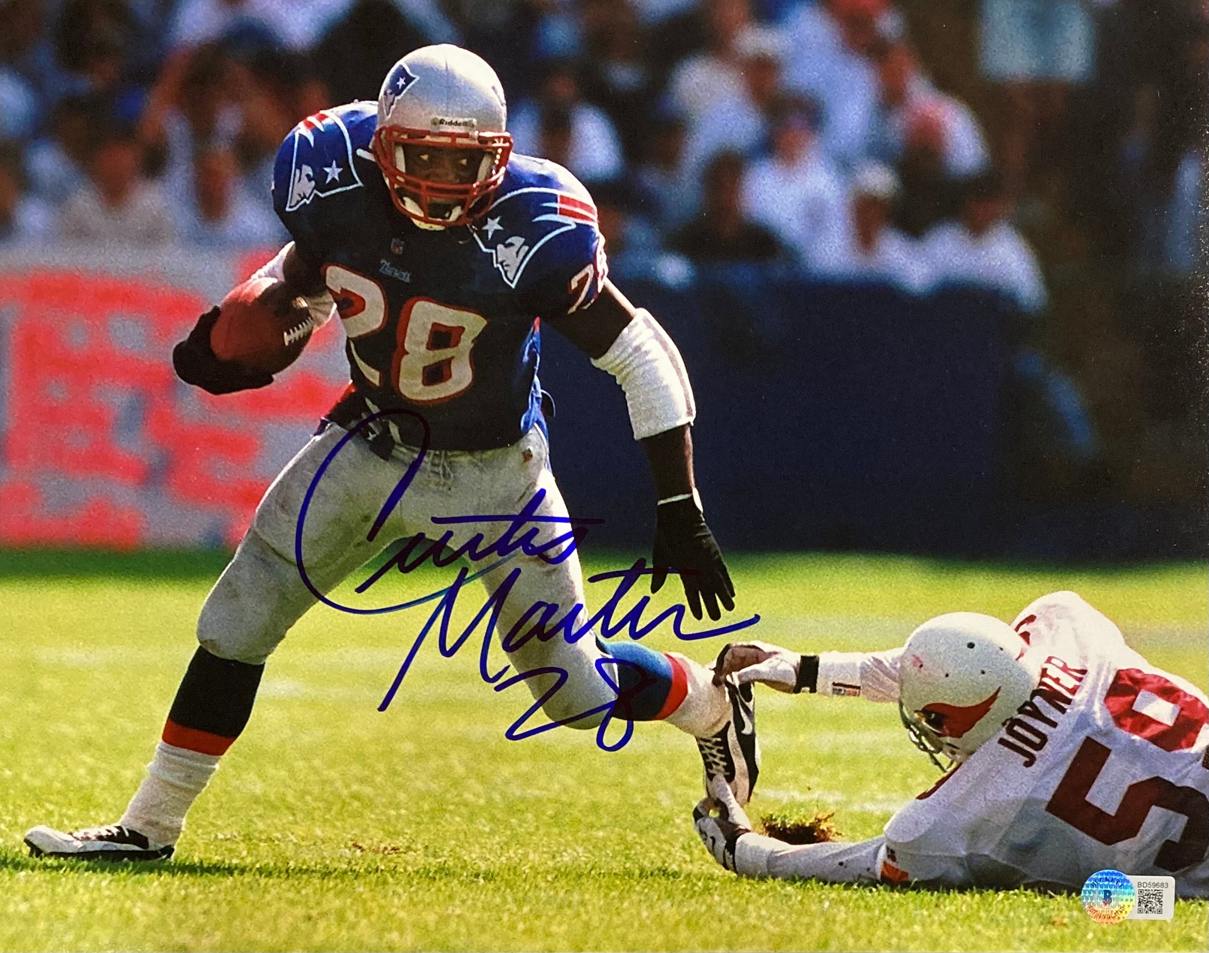 Curtis Martin Autographed 11x14 New England Patriots Blue Jersey Framed Photo - Perfect for Sports Memorabilia Collectors and Patriots Fans - Great for Man Cave, Game Room, or Office Decor