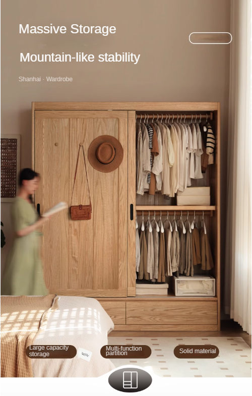 Modern Solid Oak Wood Sliding Door Wardrobe - Durable & Stylish Closet Organizer for Bedroom, Living Room, and Office Storage