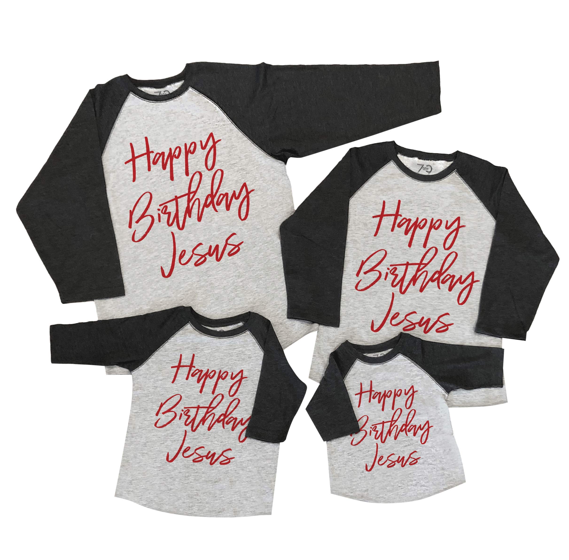 7 Ate 9 Apparel Matching Family Christmas Shirts - Happy Birthday Jesus Grey T-Shirt | Holiday Family Outfits for Christmas Photos & Church Celebrations