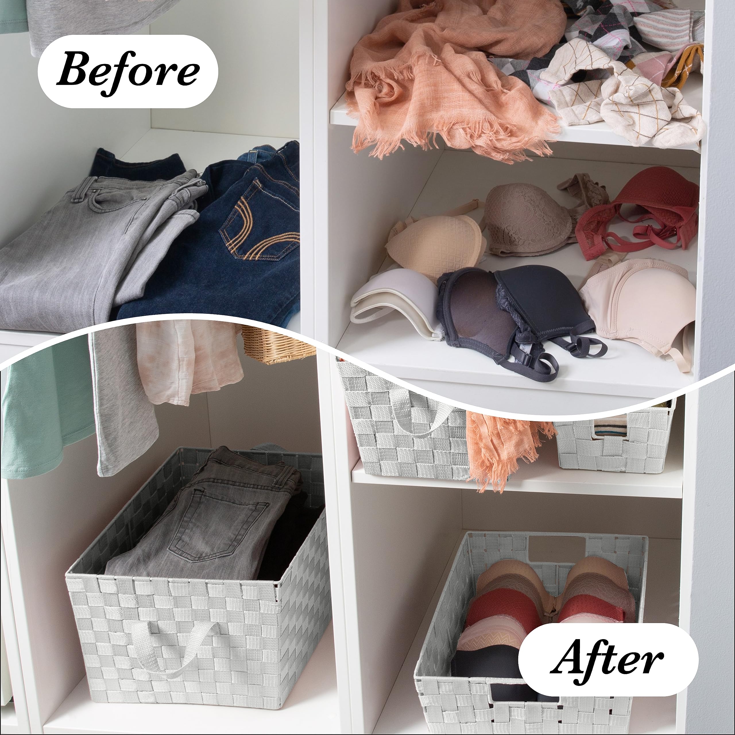 Large Woven Storage Tote Basket with 2 Handles - 4 Pack White Organizer for Closet, Bedroom, Bathroom & Nursery - Perfect for Toys, Accessories & Decorative Gift Storage