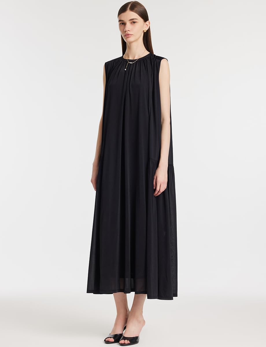 2025 Women's Summer Black Sleeveless Maxi Dress with Belt - Elegant Formal Wedding Guest Dress for Beach Parties & Evening Events