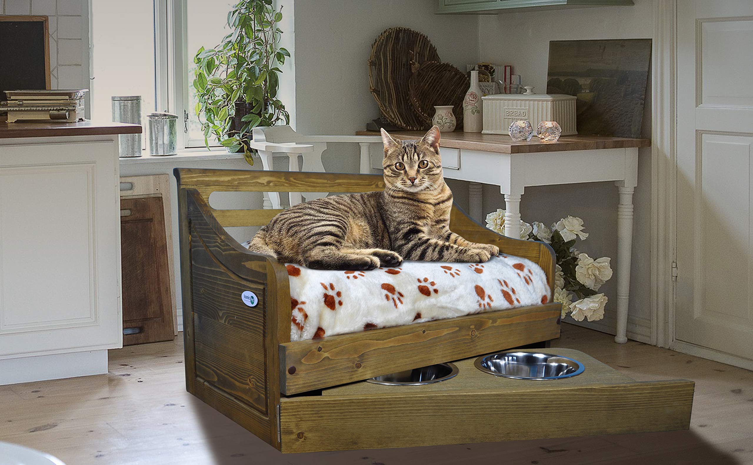 Stylish Rustic Brown Wooden Pet Bed with Feeder - Small Multipurpose Pet Furniture for Dogs & Cats - Perfect for Living Room, Bedroom or Outdoor Use