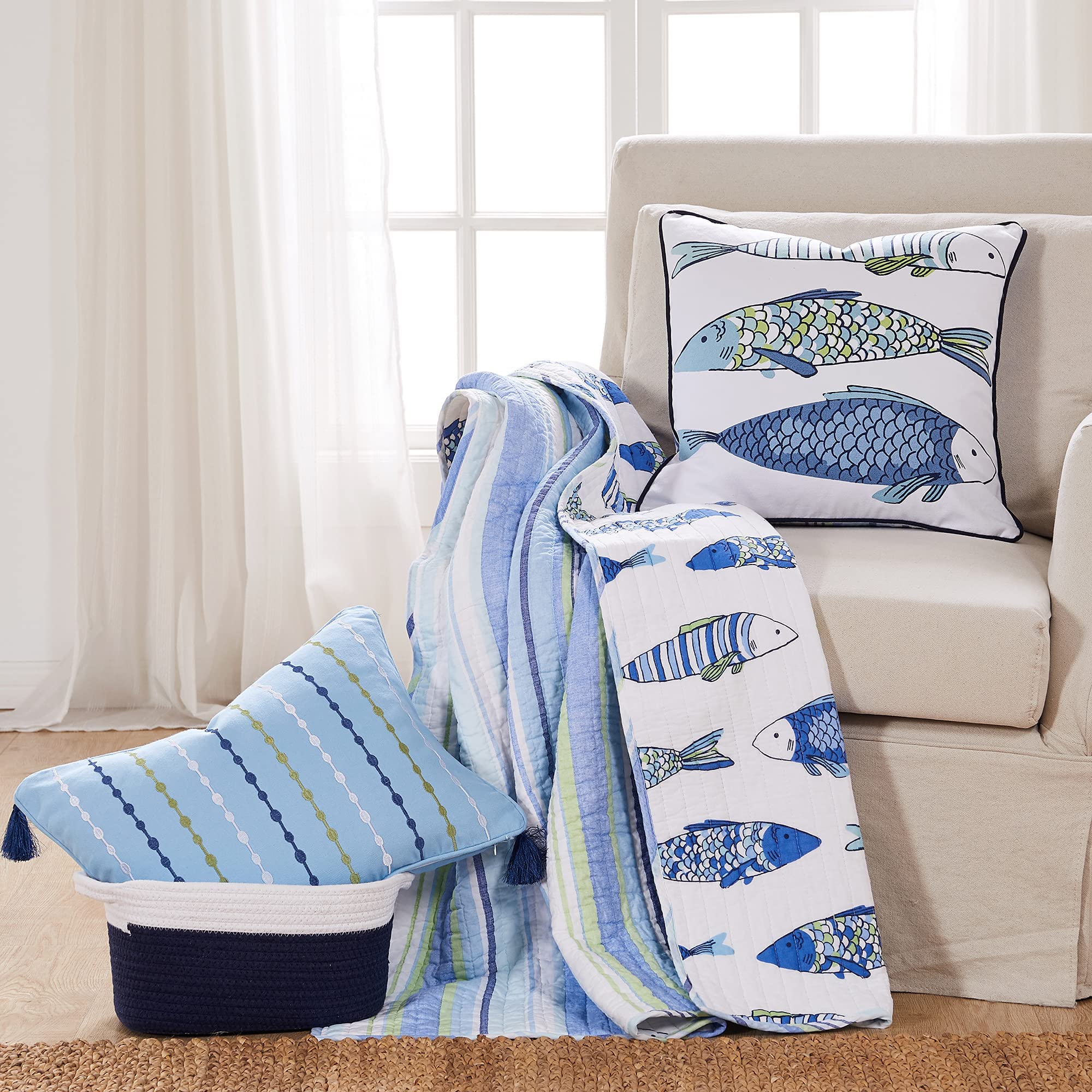 Levtex Home Catalina Quilted Throw Blanket 50x60 Inches - Reversible Striped Coastal Pattern in Blue and Green - Soft Cotton Fabric for Sofa, Bed, or Outdoor Use