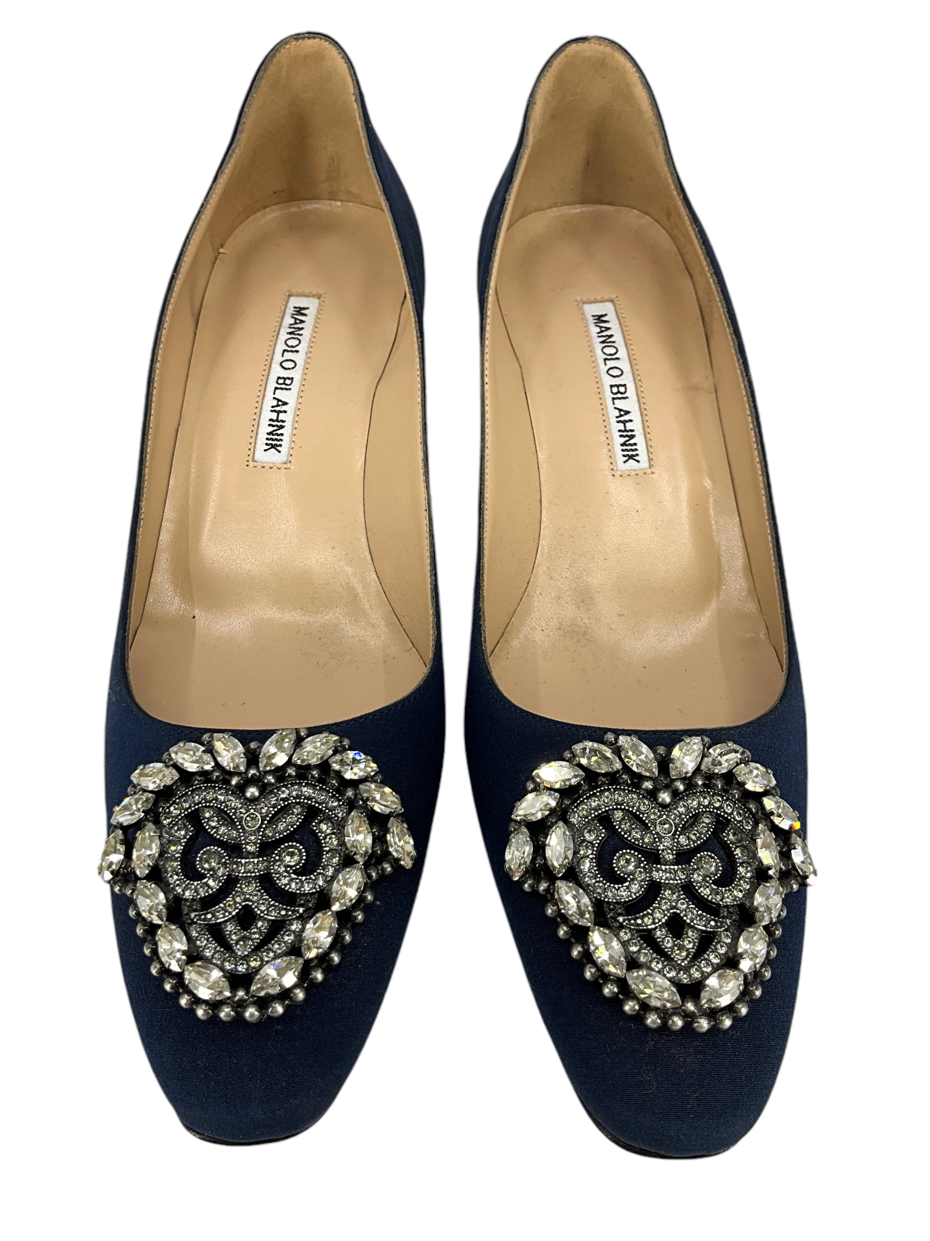 Manolo Blahnik Okkato Low Heel Pumps with Jewel Buckle - Size 7.5 US Women's Shoes | Perfect for Office, Wedding & Evening Events