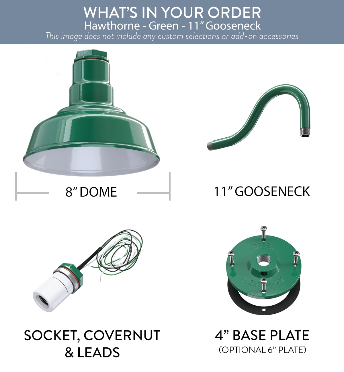 Steel Lighting Co. | Dusk to Dawn Sensor Outdoor Wall Light | 8-inch Dome Hawthorne Barn Light with 11-inch Gooseneck | Farmhouse Style Exterior Lighting | Green & White Finish | Made in USA | Perfect for Porch, Garage & Garden Lighting