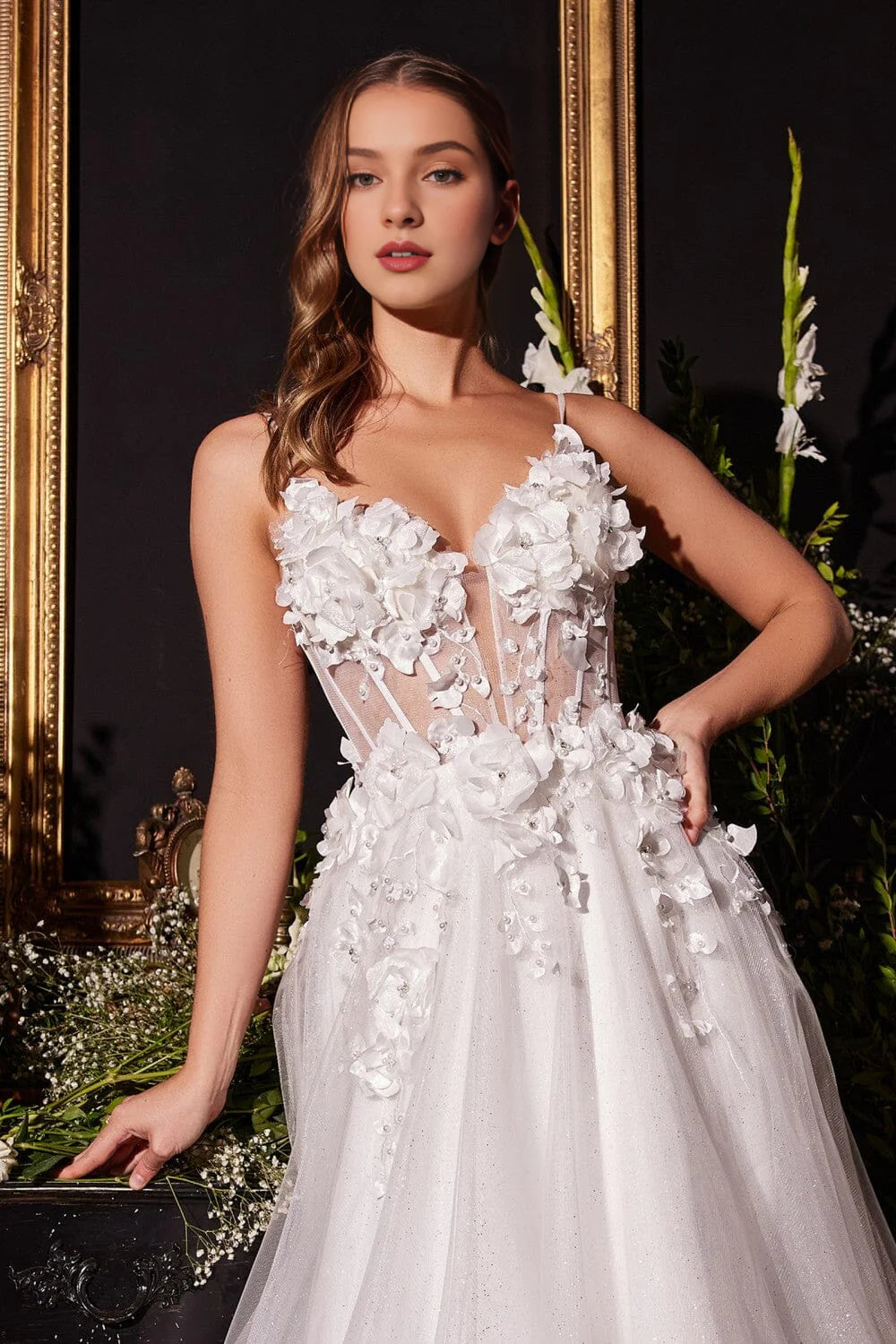 Elegant 3D Floral Lace Applique Long Sleeveless V-Neck Wedding Gown for Bride - Perfect for Beach, Garden & Outdoor Ceremonies