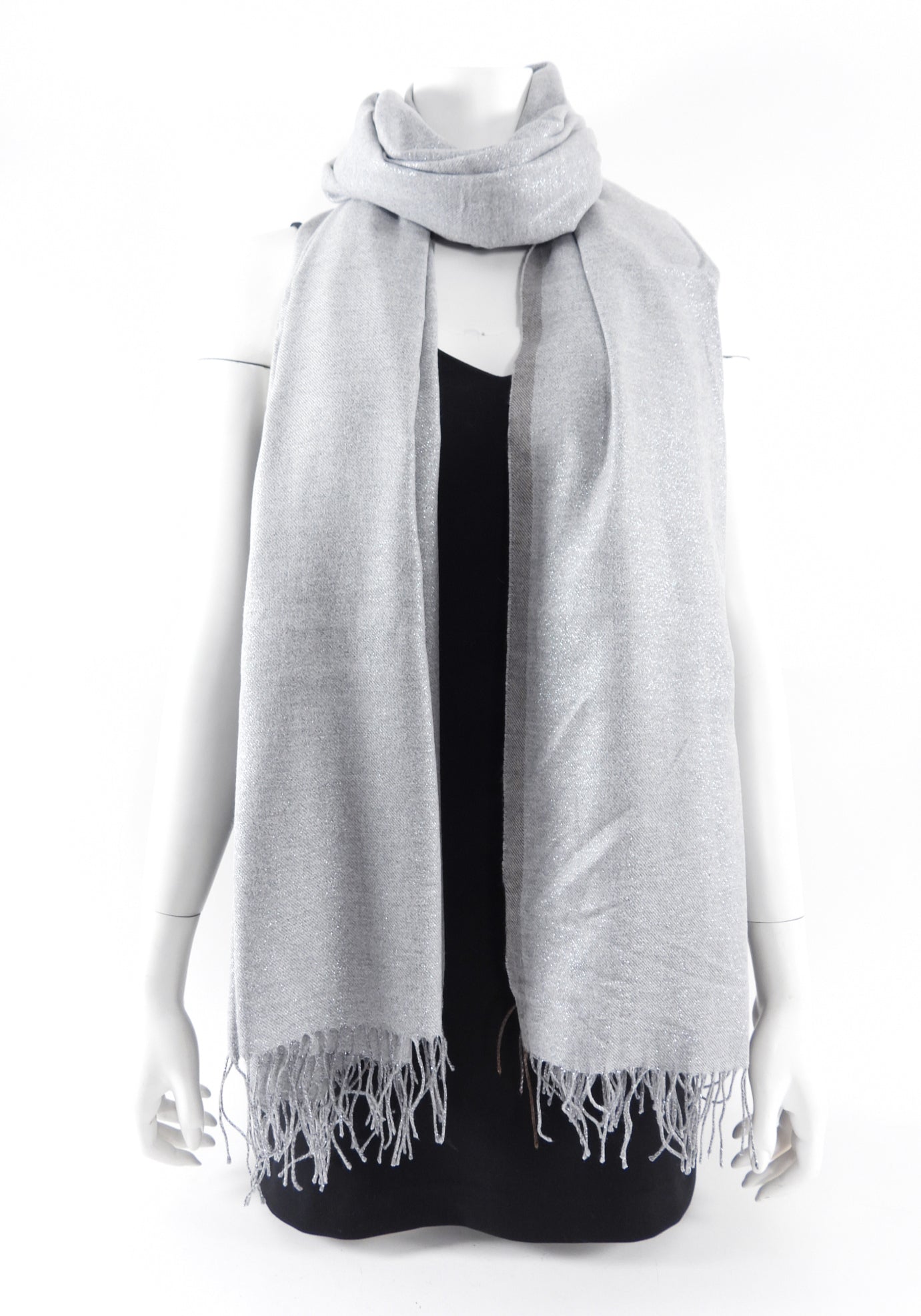 Brunello Cucinelli Light Grey Silk Blend Shawl Scarf with Shimmer Fringe - Elegant Wrap for Women, Perfect for Evening Events, Weddings & Special Occasions