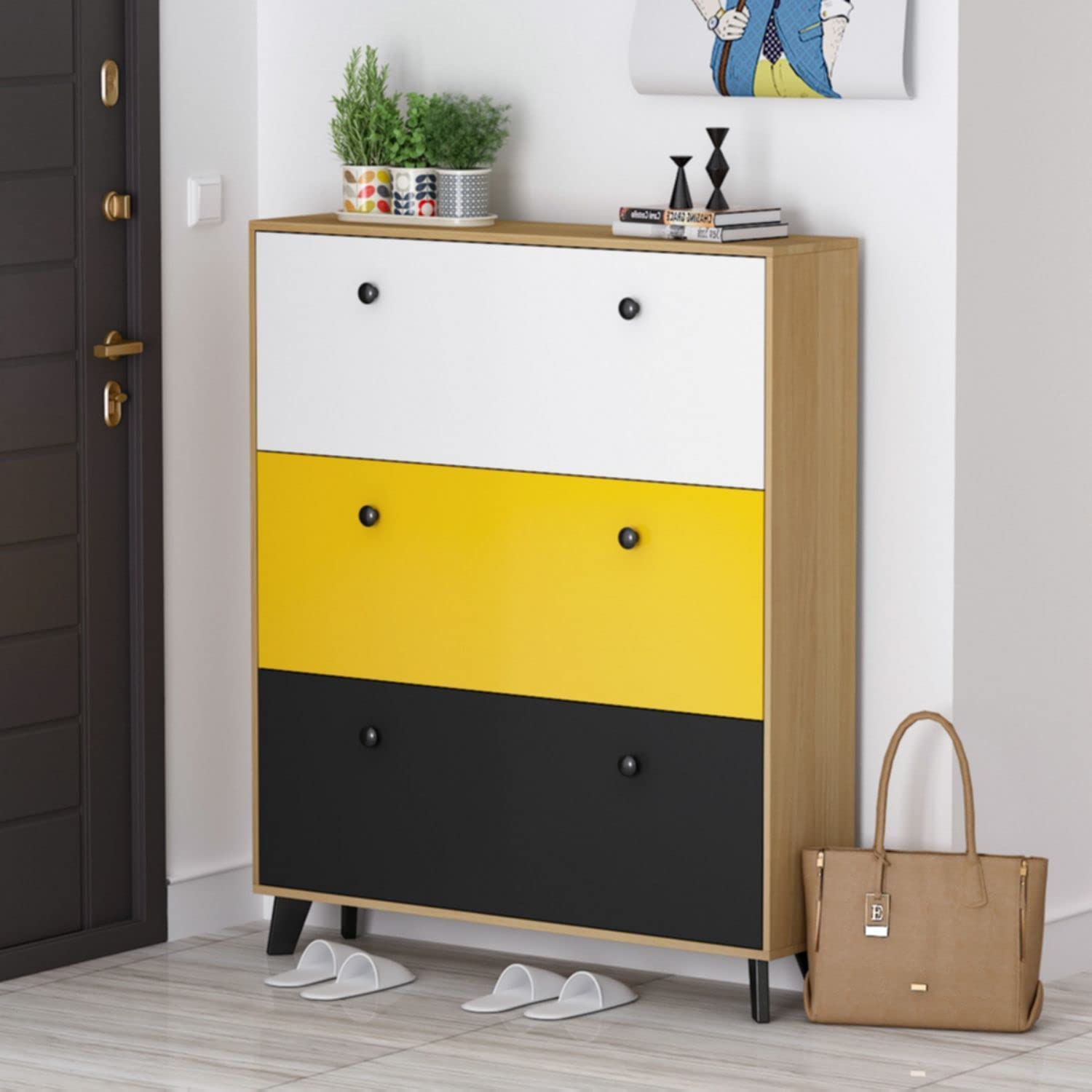 FAMAPY 3-Tier Wooden Shoe Storage Cabinet with Metal Legs - Entryway Shoe Organizer for Hallway (39.4”W x 9.4”D x 47.2”H) - Perfect for Small Spaces, Apartment Entryways & Closet Organization