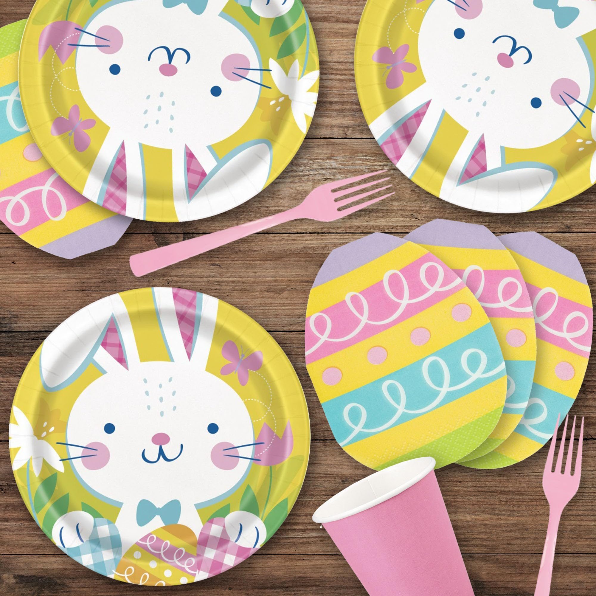 Easter Party Supplies Set - 16-Pack Bunny Yellow Paper Plates & Egg Napkins for Easter Dinner, Spring Celebrations & Kids Birthday Parties