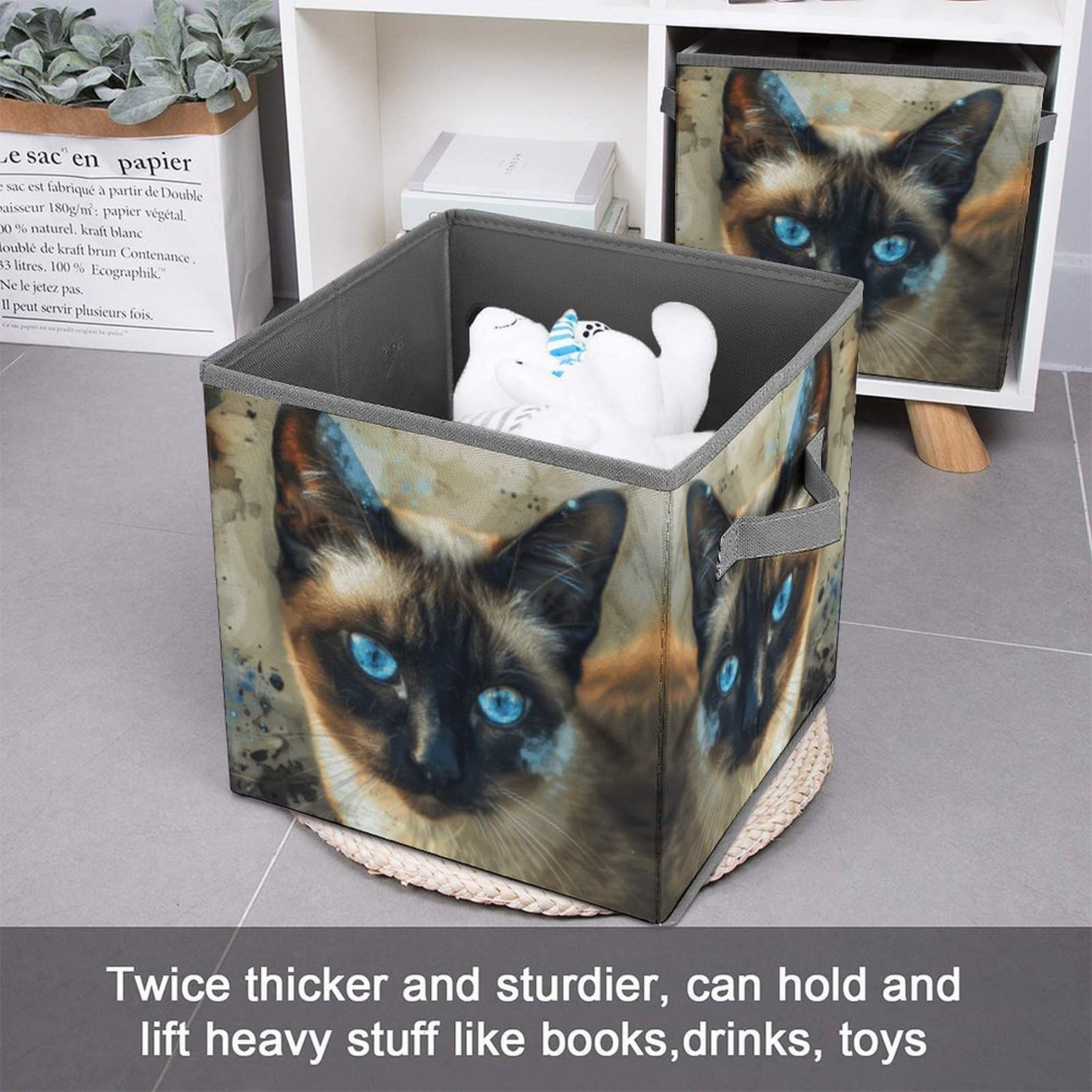 Collapsible Storage Cubes with Handles - 10.6×10.6 Inch Foldable Fabric Bins for Home Organization | Siamese Cat Printed Design | Perfect for Closet, Nursery, Office & Laundry Room Storage