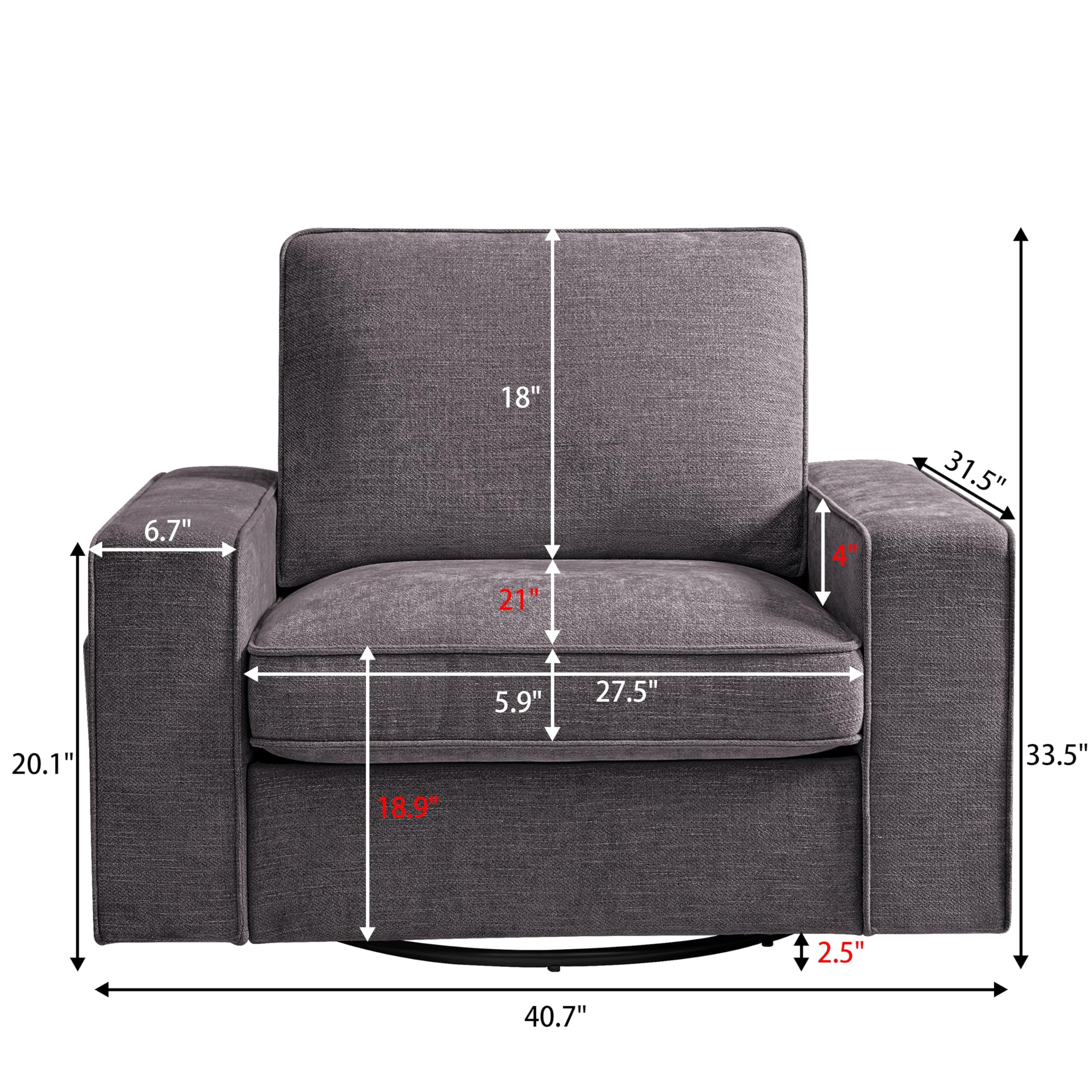 Swivel Accent Chair for Living Room - Comfy Single Sofa Chair with Soft Breathable Padding, Extra Wide Armrests & Washable Cover (Dark Gray, 40.7
