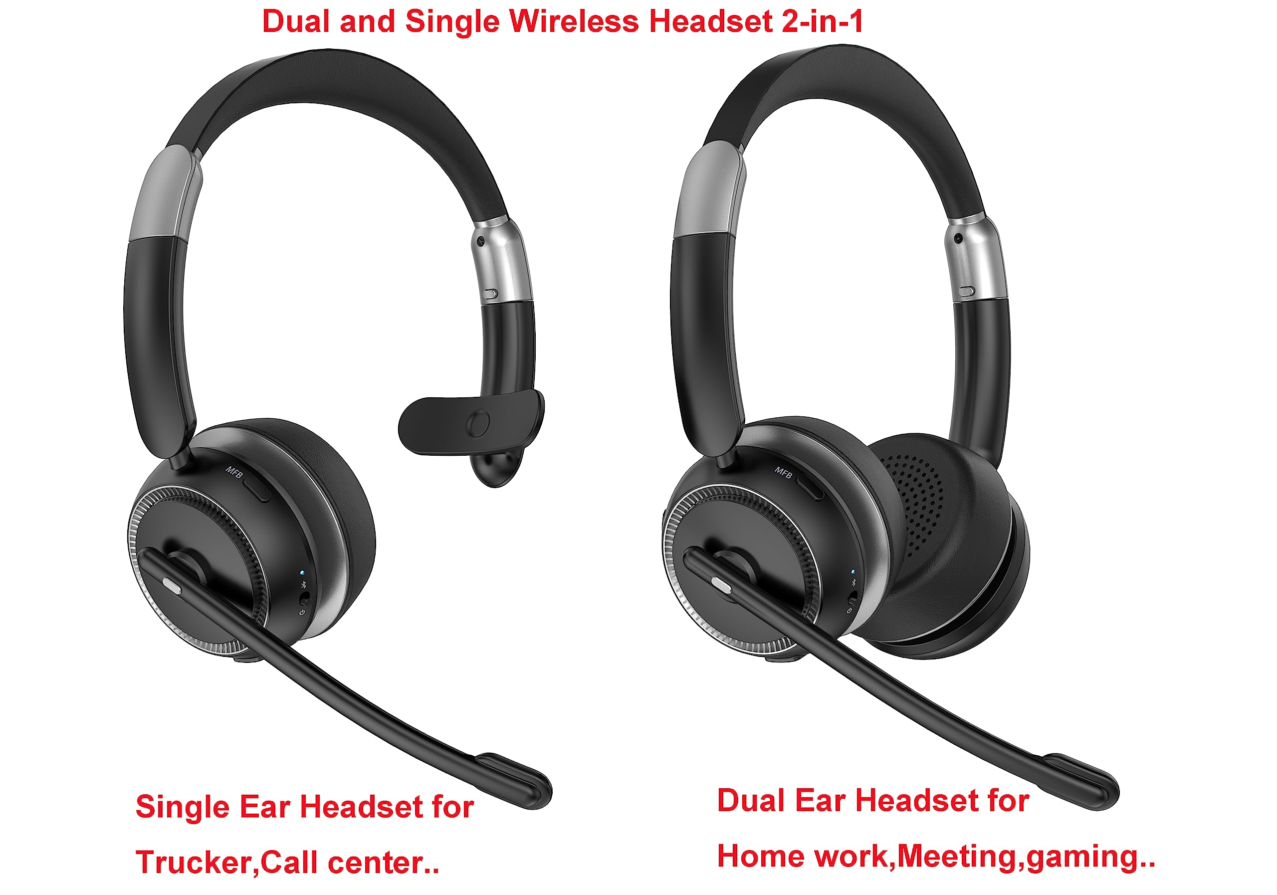 Wireless Bluetooth Headset with Microphone V5.2 - AI Noise Cancelling Single/Dual Ear Headphones for Phone, Laptop, Office - Perfect for Truckers, Call Centers, Zoom Meetings & Online Classes