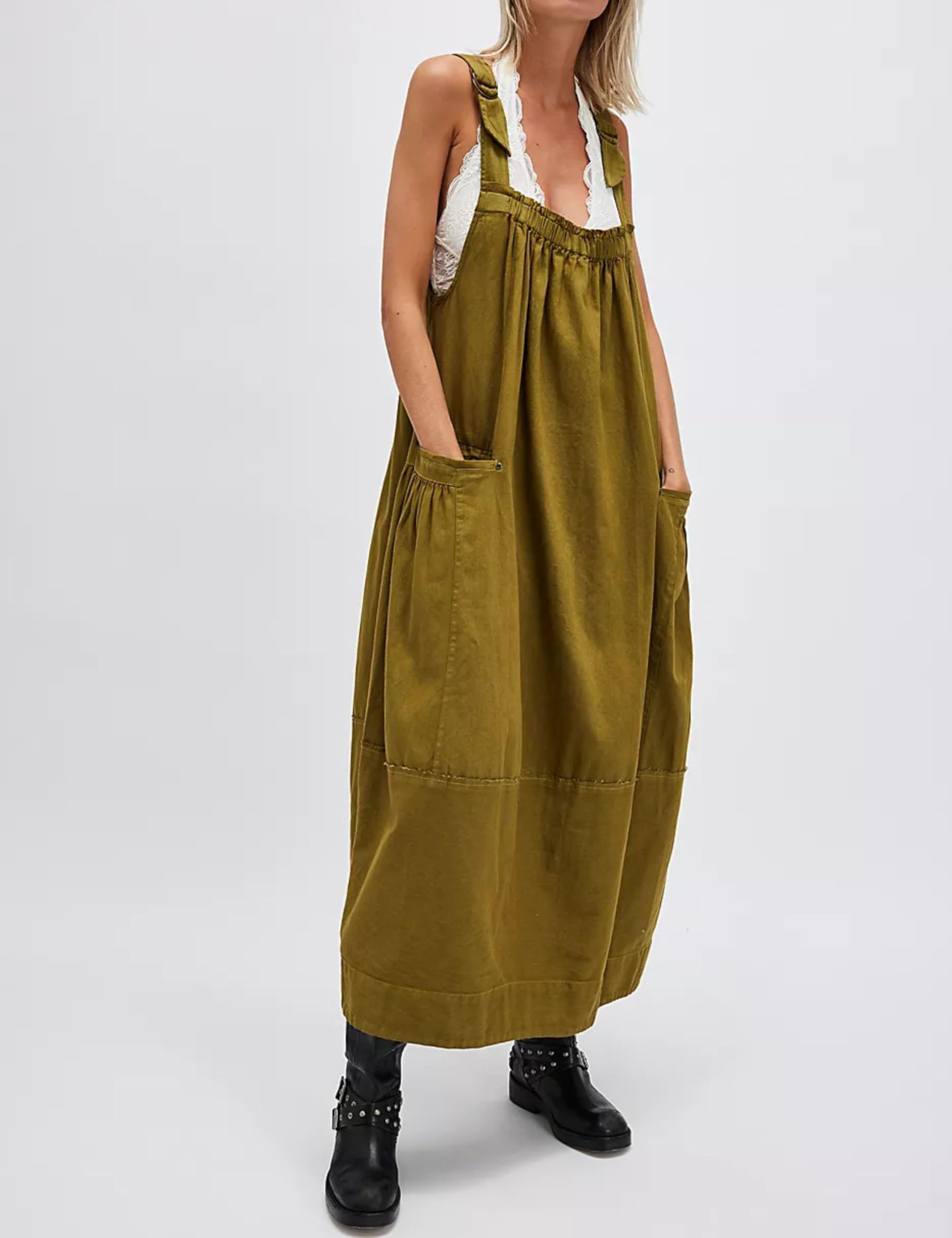 Hooever Women's Loose Fit Barrel Midi Dress with Adjustable Straps & Big Pockets - Army Green Long Maxi Dress Jumpsuit for Casual Outings, Beach Wear & Summer Fashion