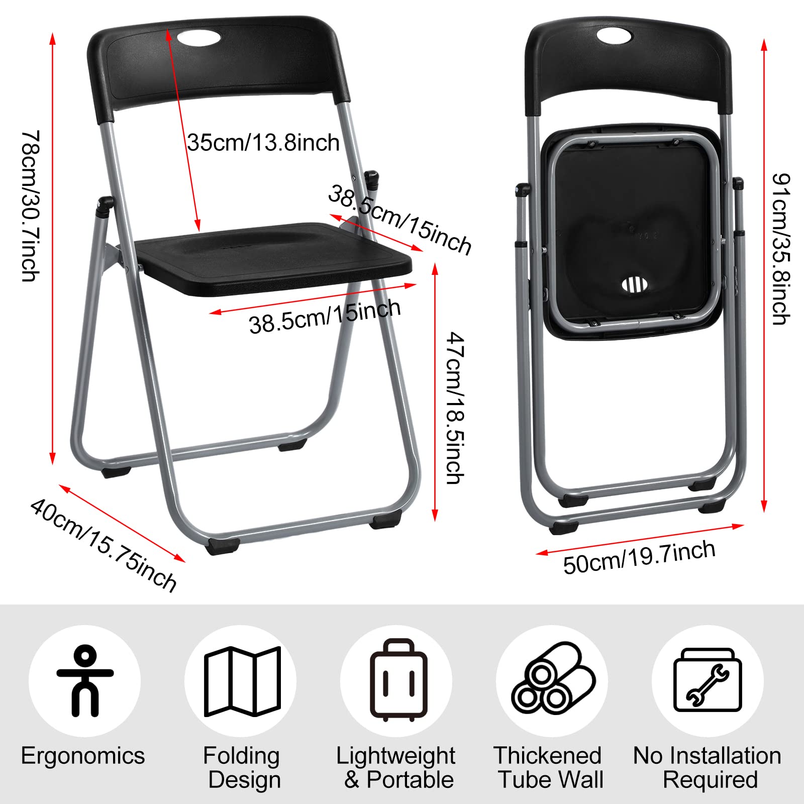 BBTO 8 Pack Heavy Duty Folding Chairs - 440lb Capacity Plastic Stackable Chairs with Steel Frame for Indoor Outdoor Use - Perfect for Events, Weddings, Office, Parties, Picnics & Camping (Black)