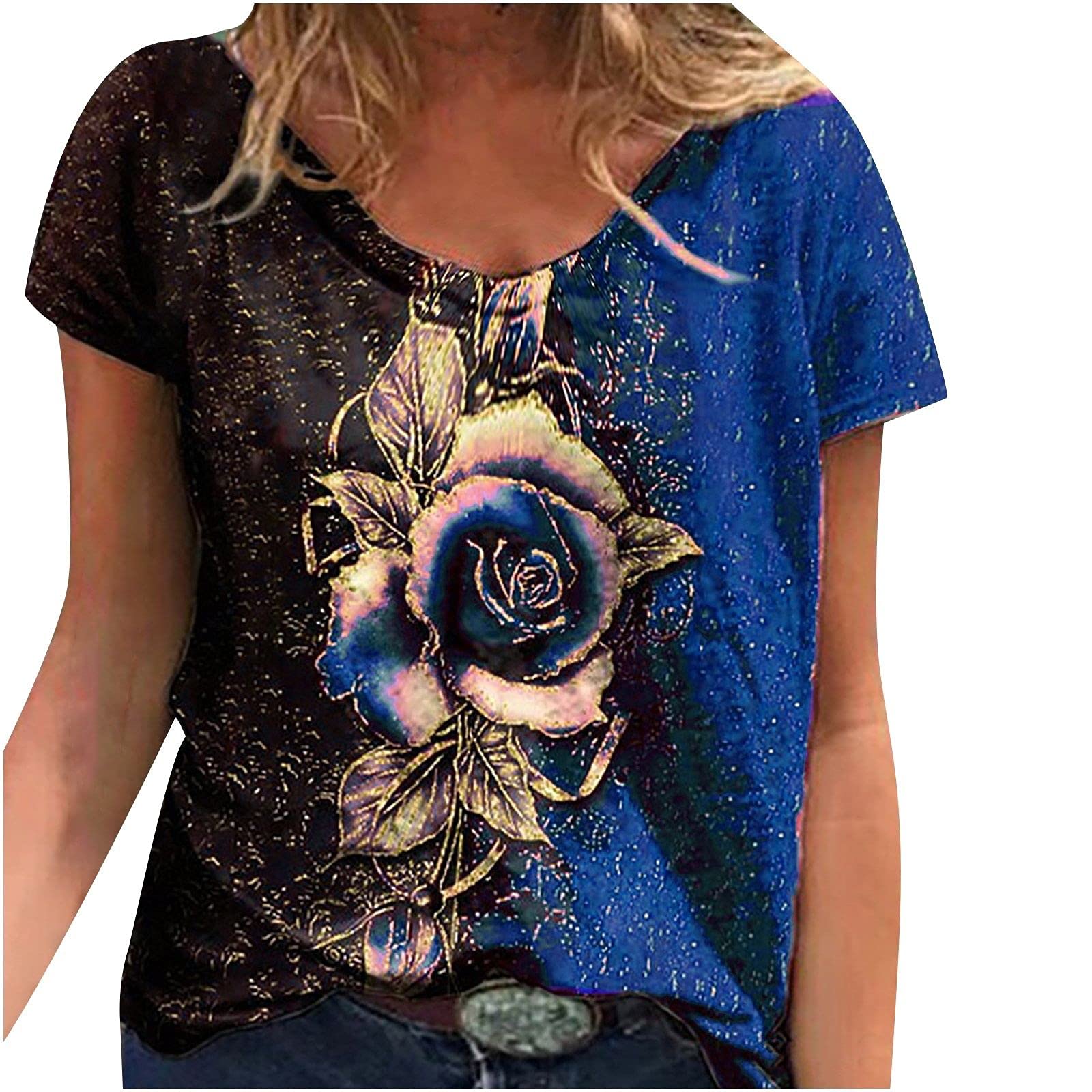 5665 Plus Size Women's Short Sleeve V-Neck Casual T-Shirts - Printed Loose Fit Summer Tops in Cool Colors | Perfect for Beach Outings, Weekend Wear & Casual Office Looks