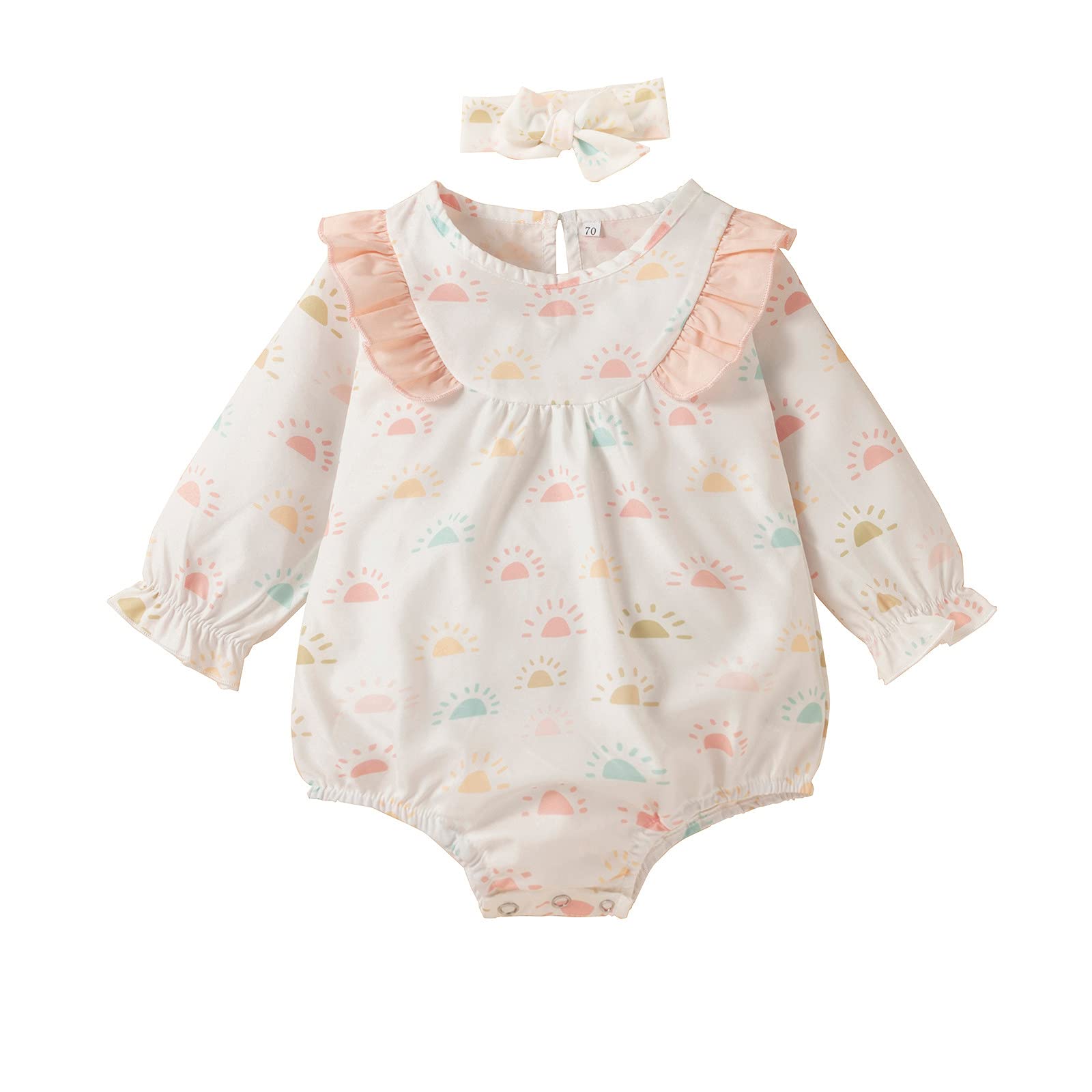 Newborn Baby Girl Outfits - Long Sleeve Printed Bodysuit with Headband & Sun Romper in Pink | Soft Cotton Infant Clothes for Newborns, 0-3 Months | Perfect for Photo Shoots, Birthday Gifts & Daily Wear