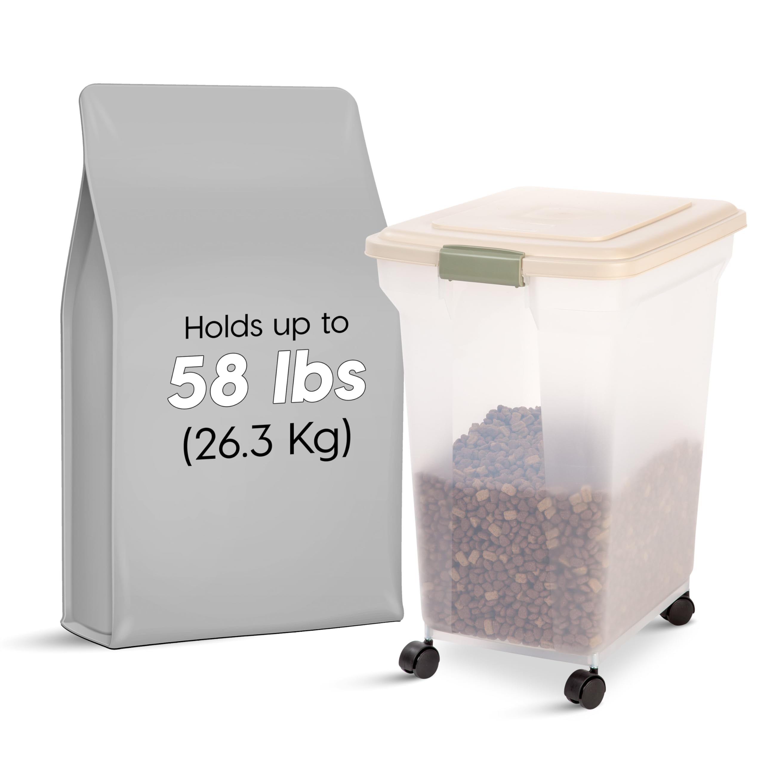 IRIS USA WeatherPro Airtight Pet Food Storage Container - 58 lbs Capacity with Wheels for Easy Mobility | Translucent Design in Clear/Almond | Keep Dog, Cat & Bird Food Fresh | Ideal for Home, Garage or Pet Store Storage