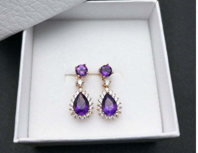 BeBold 2.5 Carat Pear Cut Purple Lab-Created Amethyst Dangle Drop Earrings in Rose Gold Plated - Perfect for Weddings, Parties & Evening Events