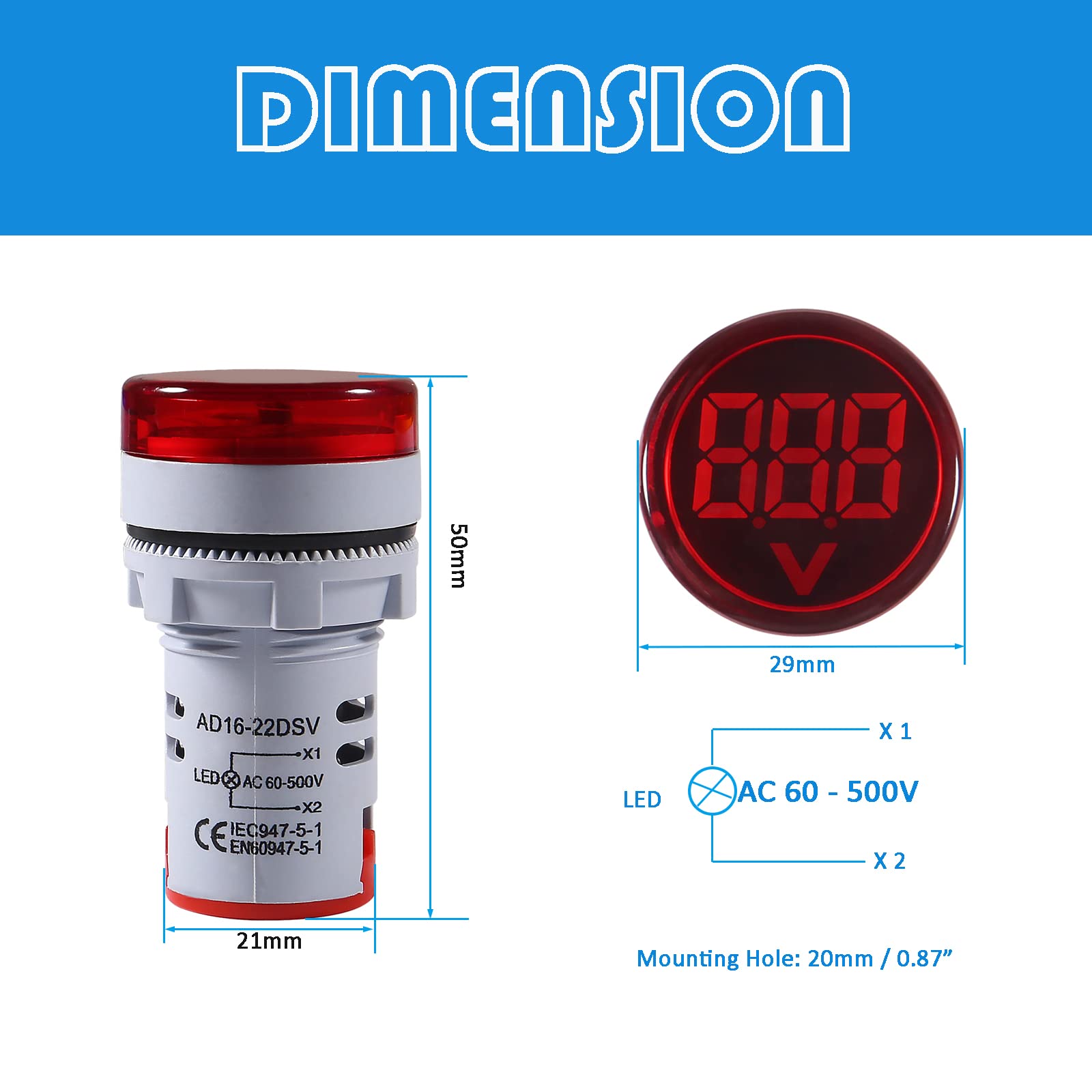 5pcs LED Voltage Meter Indicator AC 60-500V Digital Display Voltmeter with Signal Light - Round Lamp Tester for Home, Car, and Electrical DIY Projects