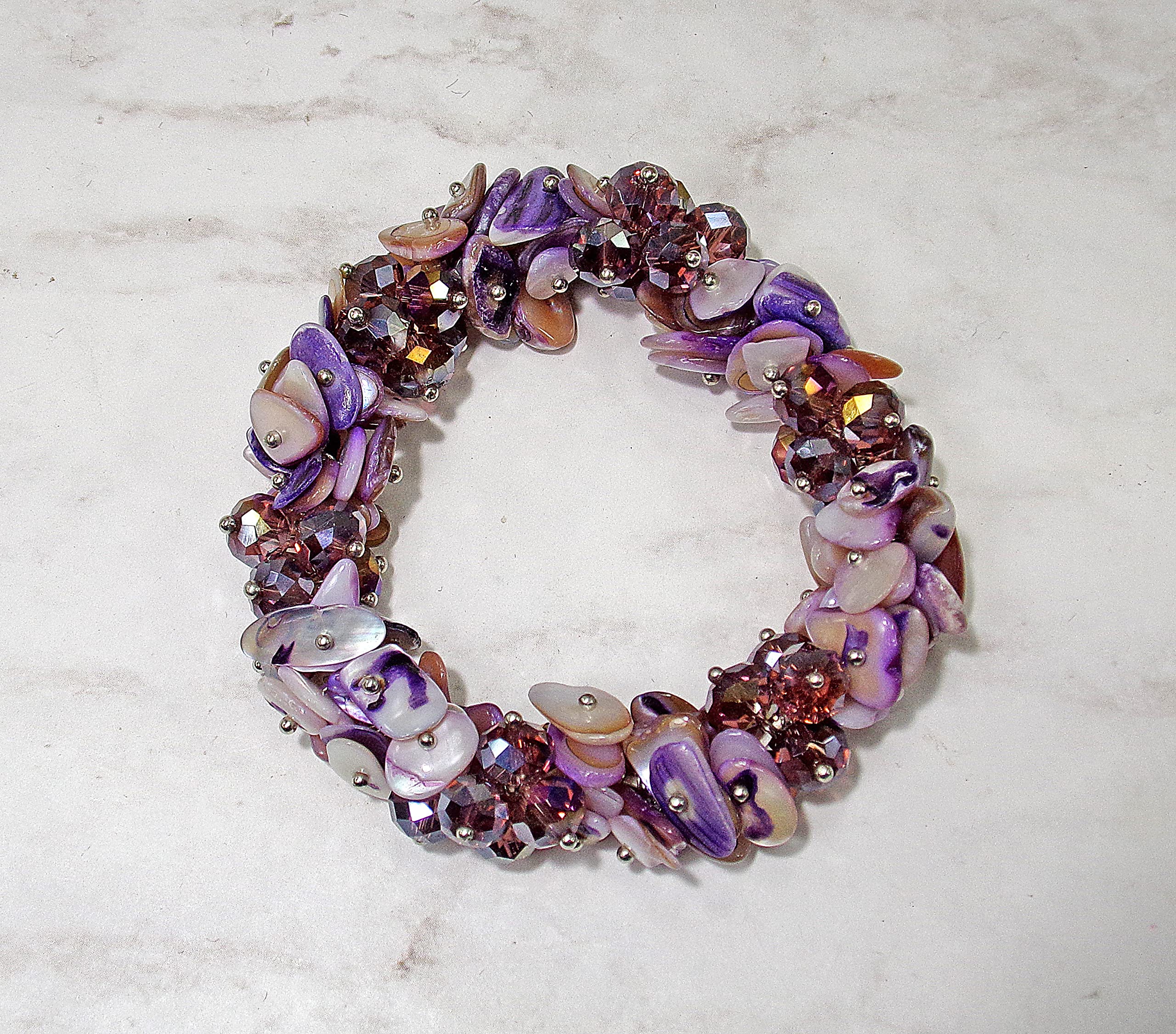 Purple Shell & Glass Beaded Stretch Bracelet with Silver Beads - Handmade Bohemian Jewelry for Women, Gift for Her | Perfect for Parties, Weddings & Everyday Wear