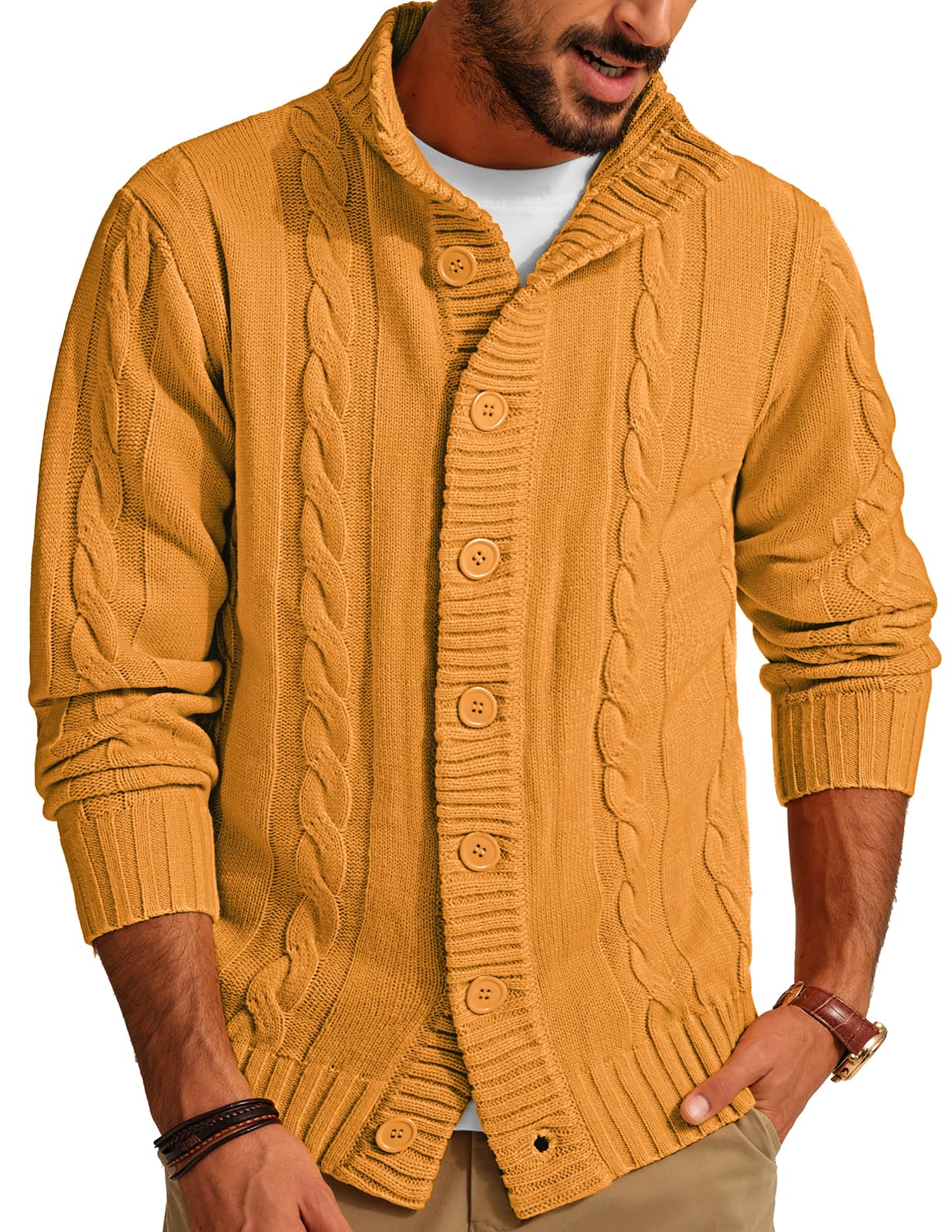 PJ PAUL JONES Men's Stand Collar Cable Knit Button Cardigan Sweater - Warm Winter Pullover for Office, Casual Outfits & Holiday Gatherings