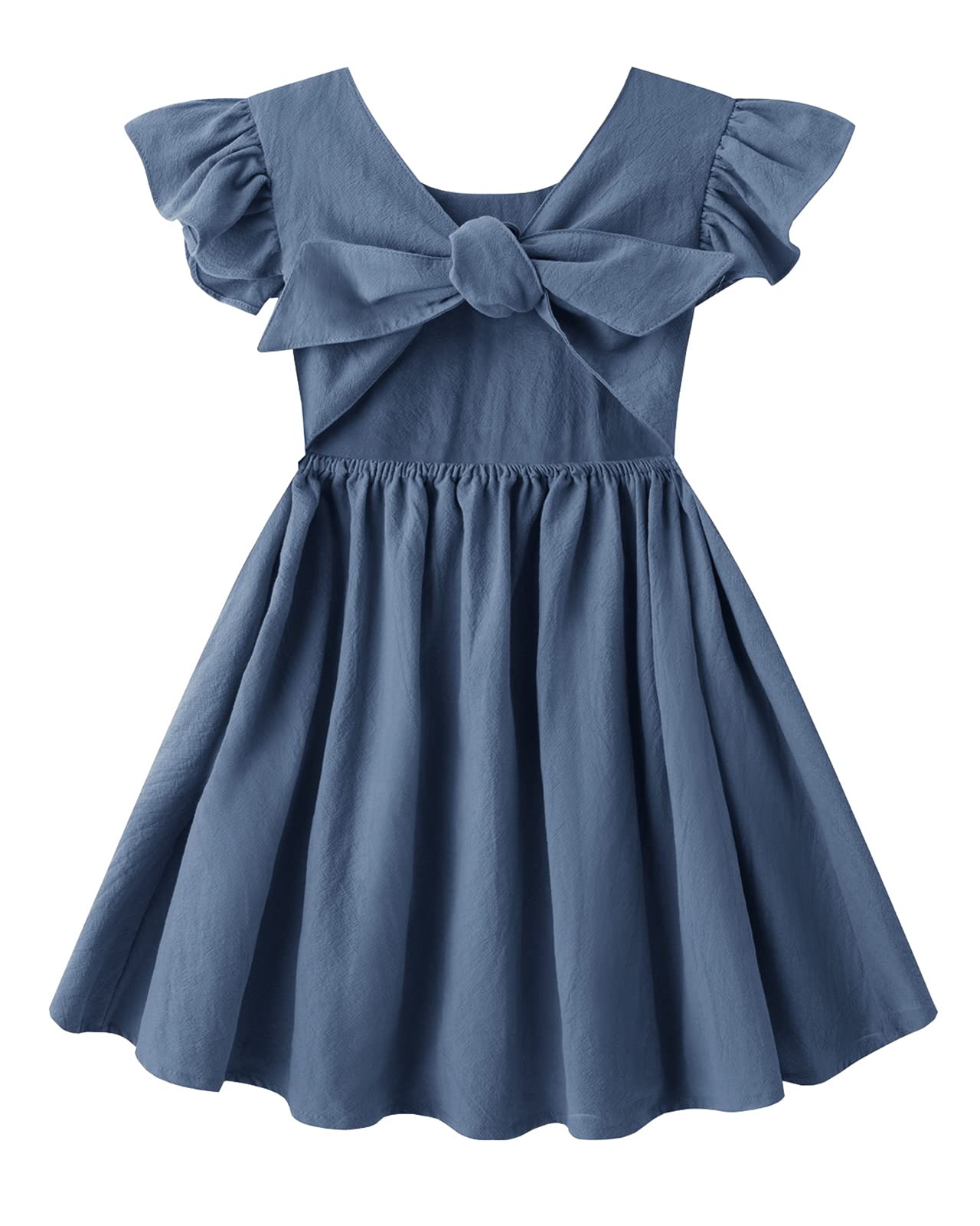Toddler Baby Girl Cotton Linen Summer Dress with Ruffle Sleeves and Back Bowknot - Cute Kids Beach Dresses for Outdoor Play, Vacation & Photoshoots